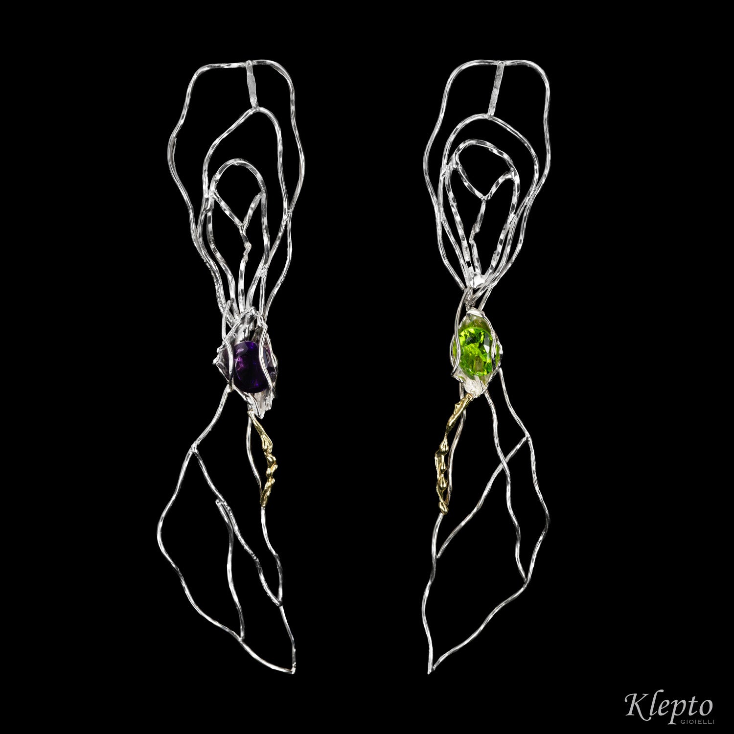 Silnova® Silver earrings with Amethyst, Peridot and yellow gold details
