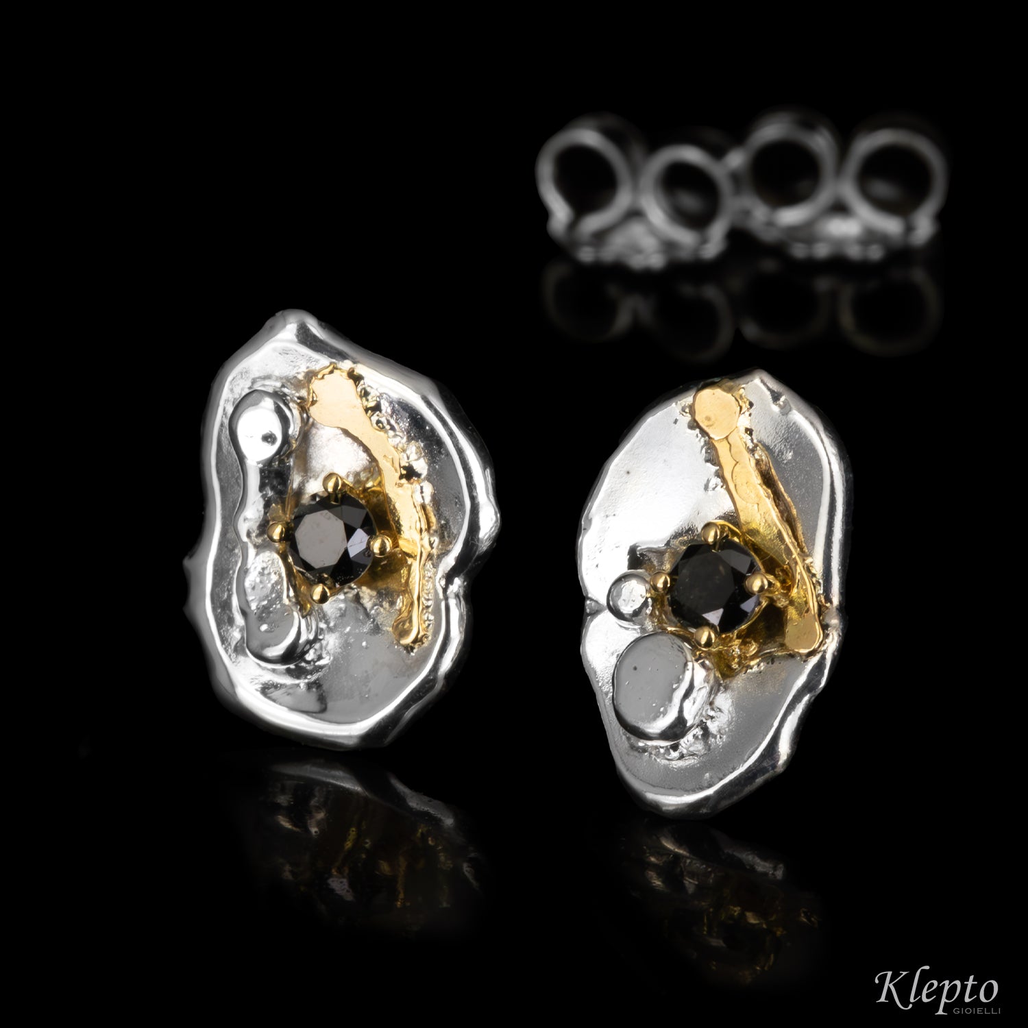 Silver Silnova® Earrings with Black Diamonds and Yellow Gold Details
