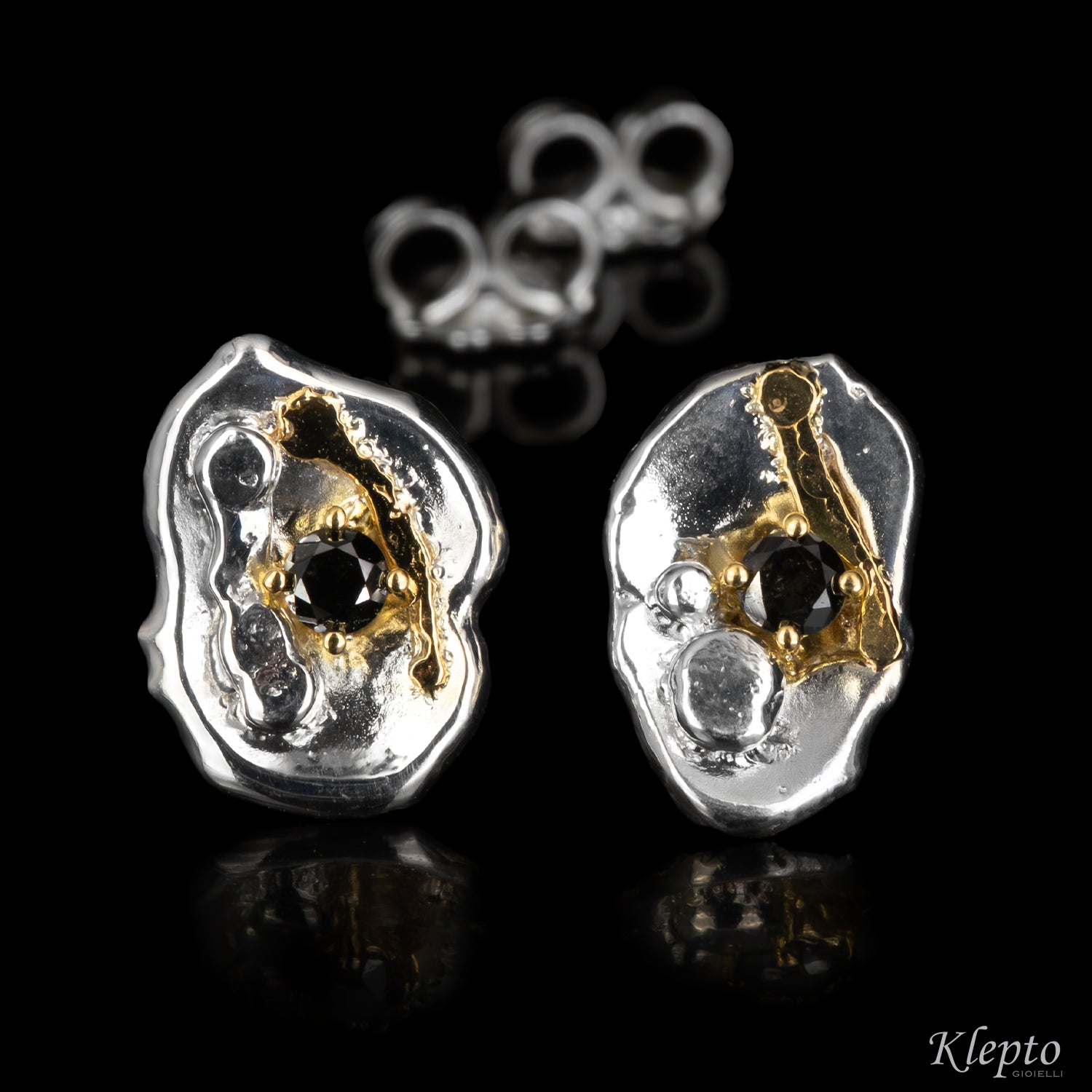 Silver Silnova® Earrings with Black Diamonds and Yellow Gold Details