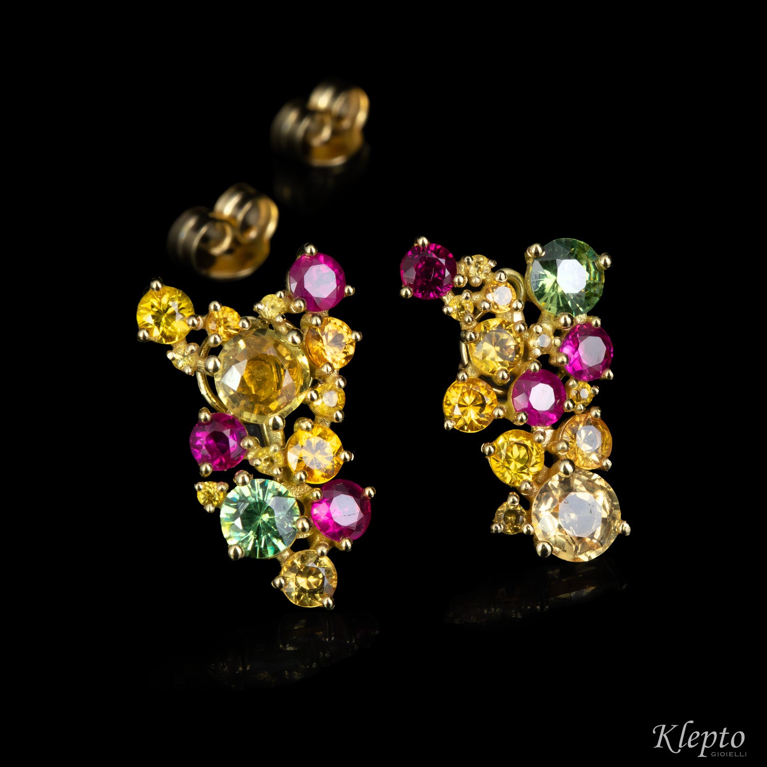 Yellow gold earrings with Sapphires, Rubies, and Demantoids