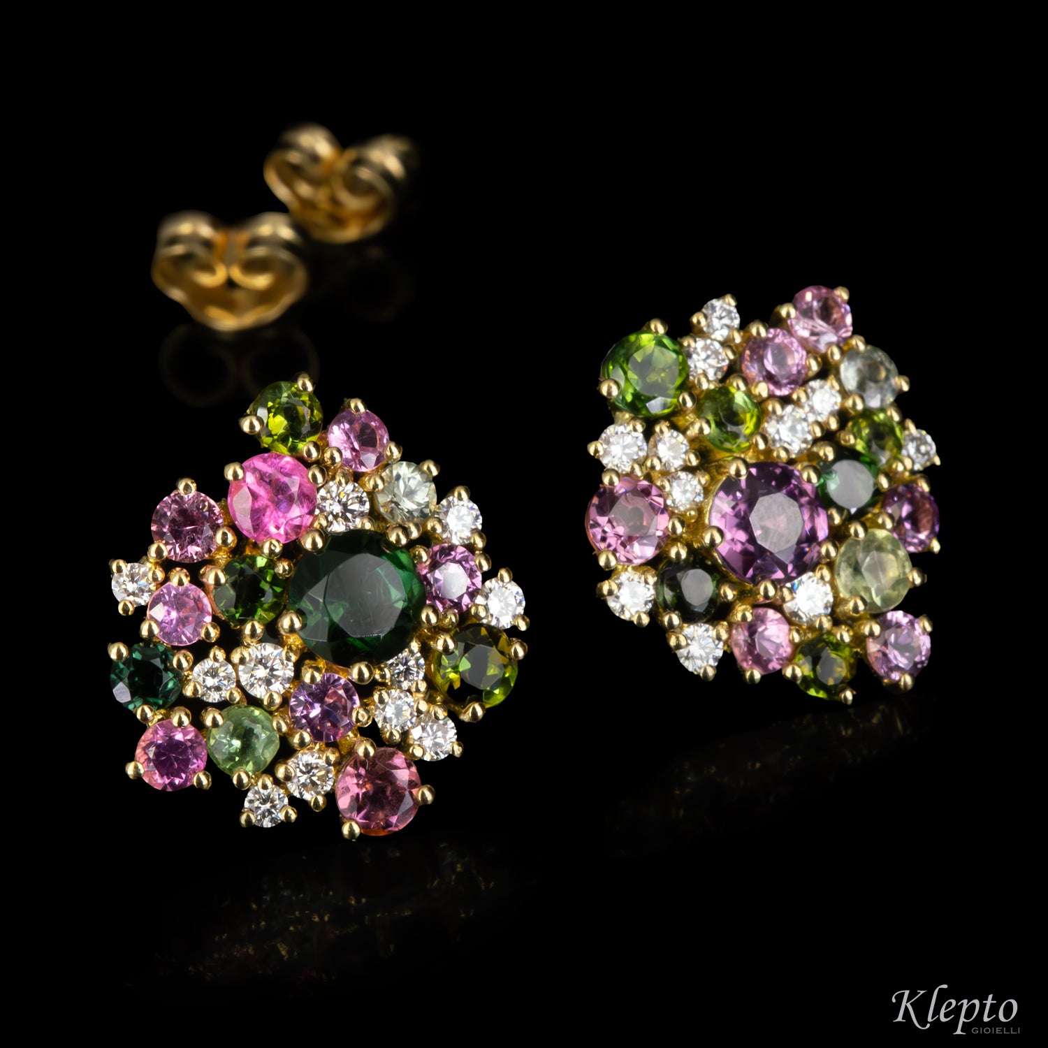 Yellow gold earrings with Sapphires, Tourmalines, and Diamonds