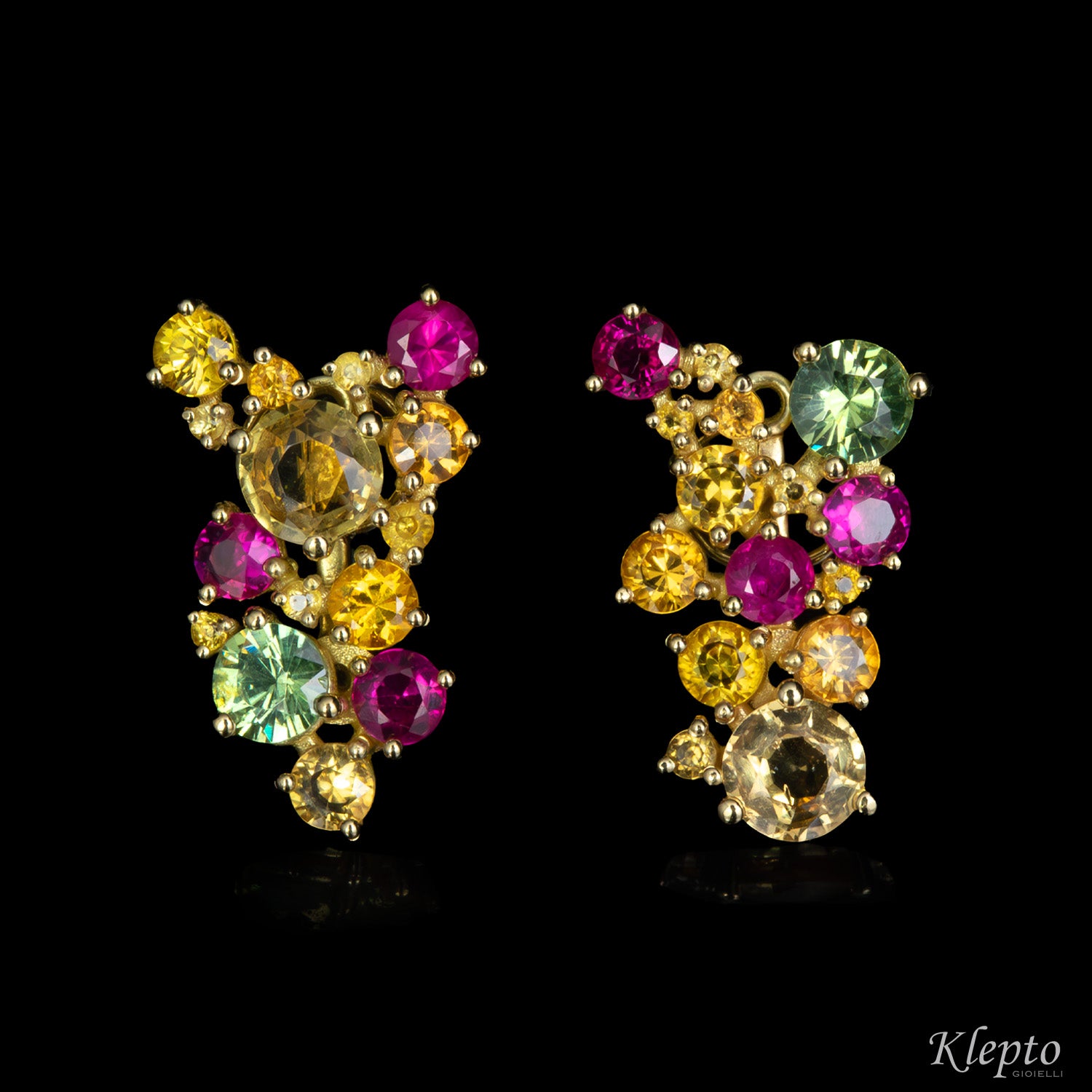 Yellow gold earrings with Sapphires, Rubies, and Demantoids