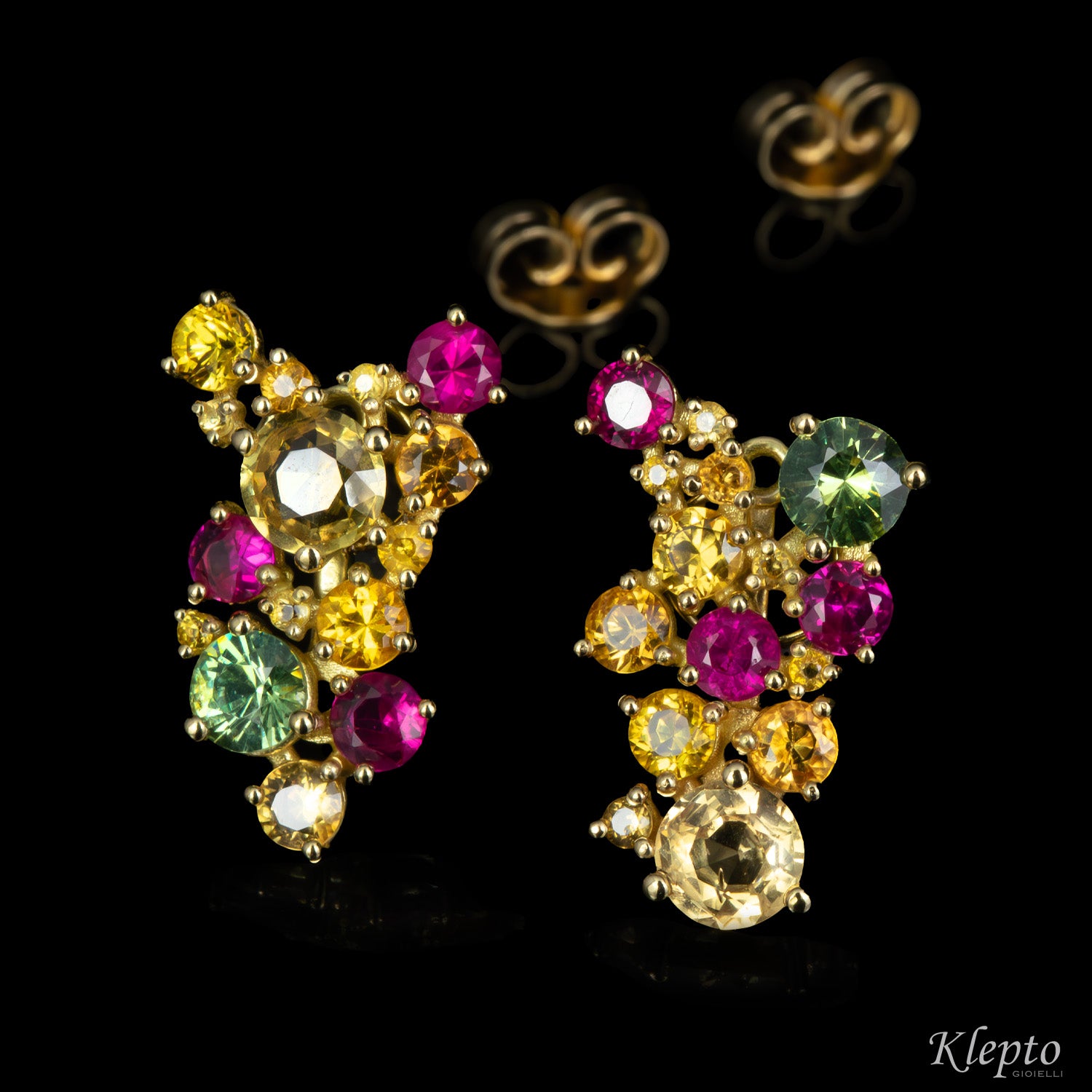 Yellow gold earrings with Sapphires, Rubies, and Demantoids