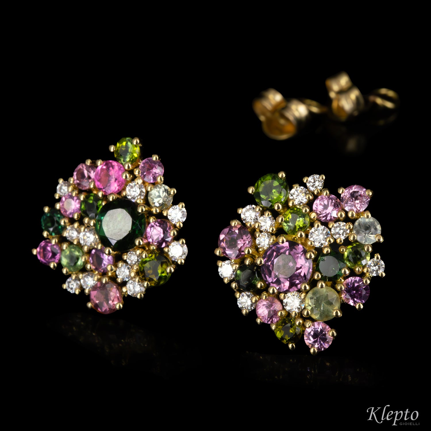 Yellow gold earrings with Sapphires, Tourmalines, and Diamonds