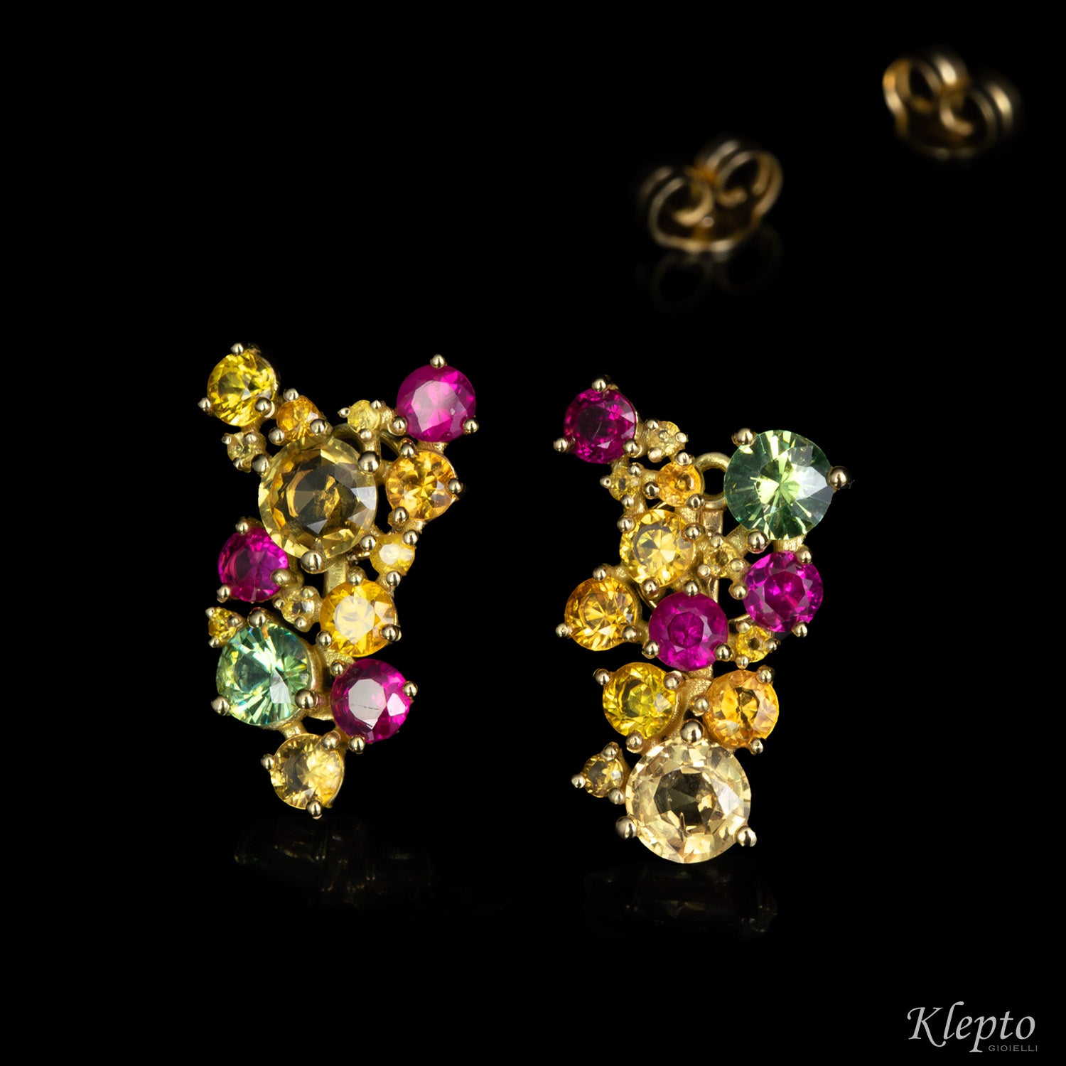 Yellow gold earrings with Sapphires, Rubies, and Demantoids