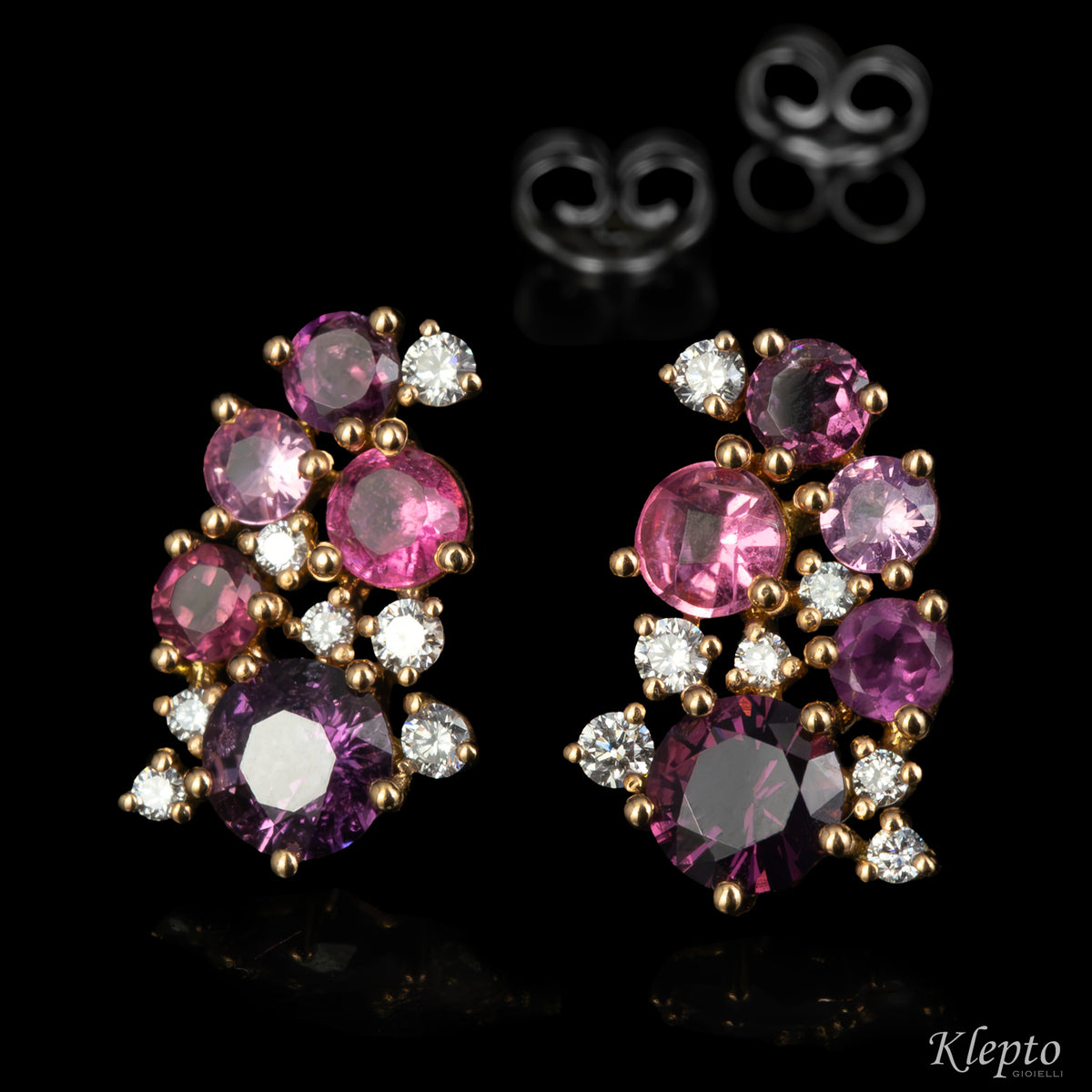 Rose and white gold earrings with pink sapphires, rhodolites, pink tourmalines and diamonds