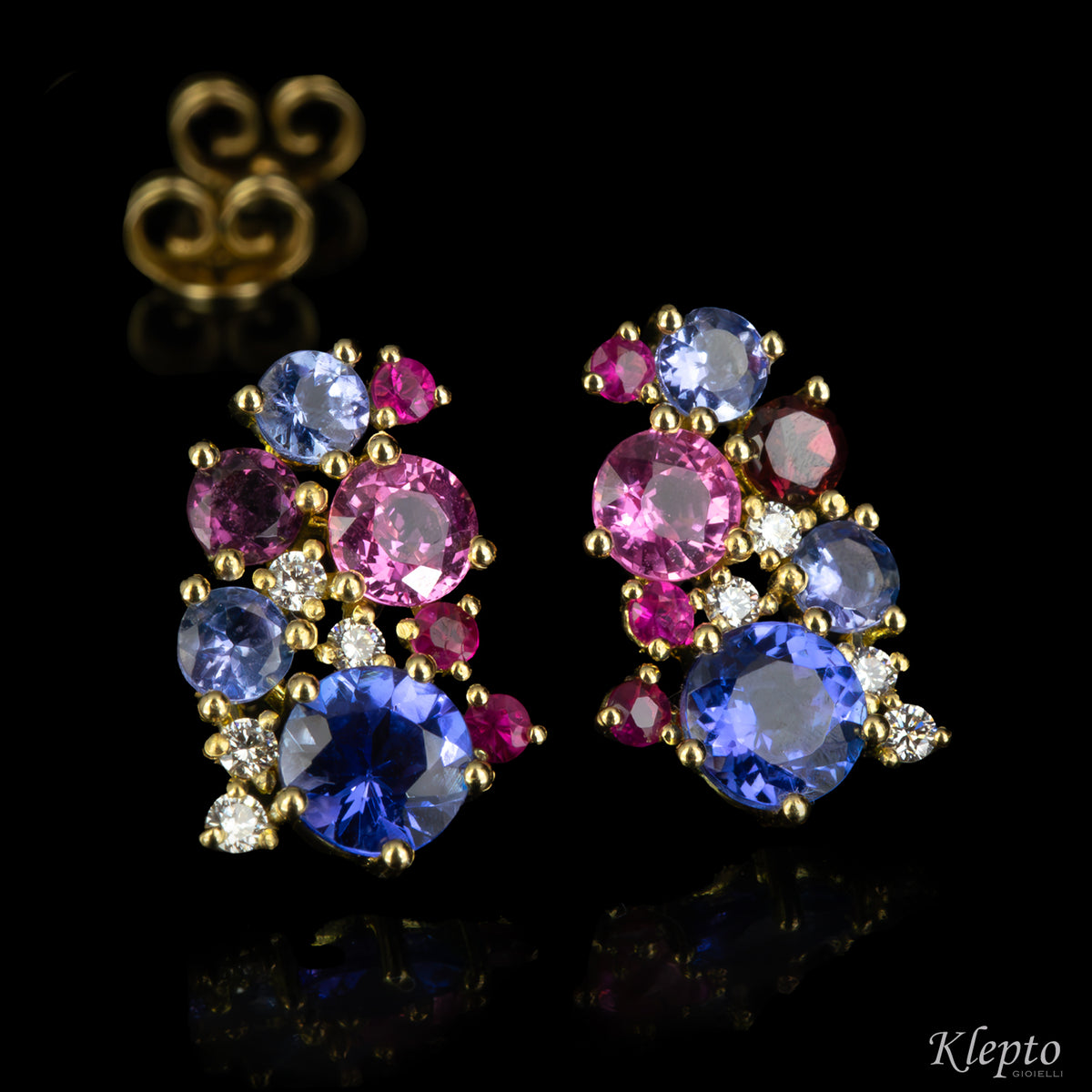 Yellow gold earrings with sapphires, tanzanites, rhodolites and diamonds