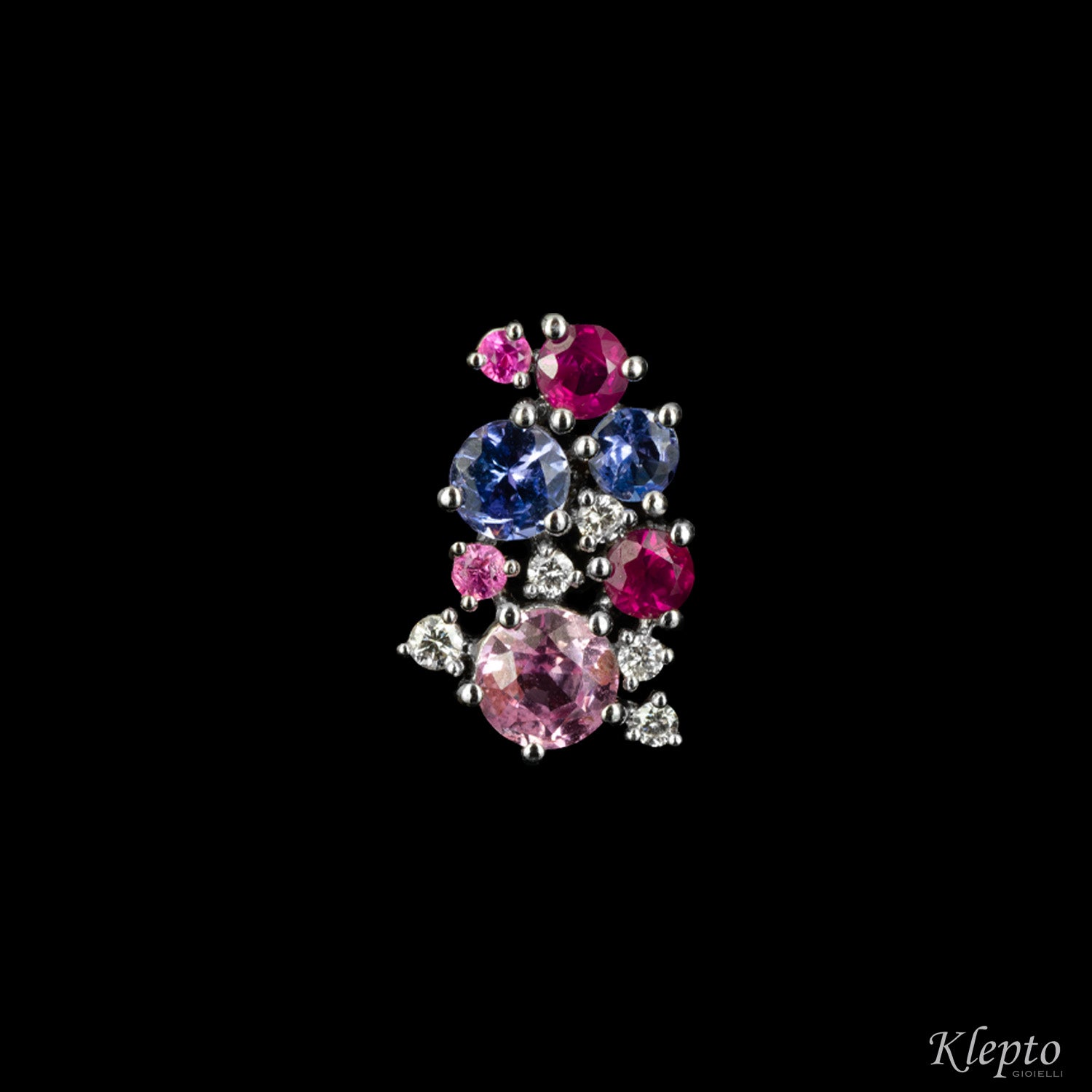 White gold lobe earrings with Sapphires, Rubies, Tanzanites and Diamonds