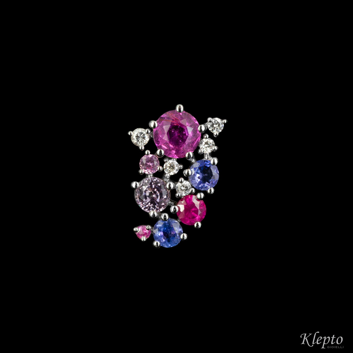 White gold lobe earrings with Sapphires, Rubies, Tanzanites and Diamonds