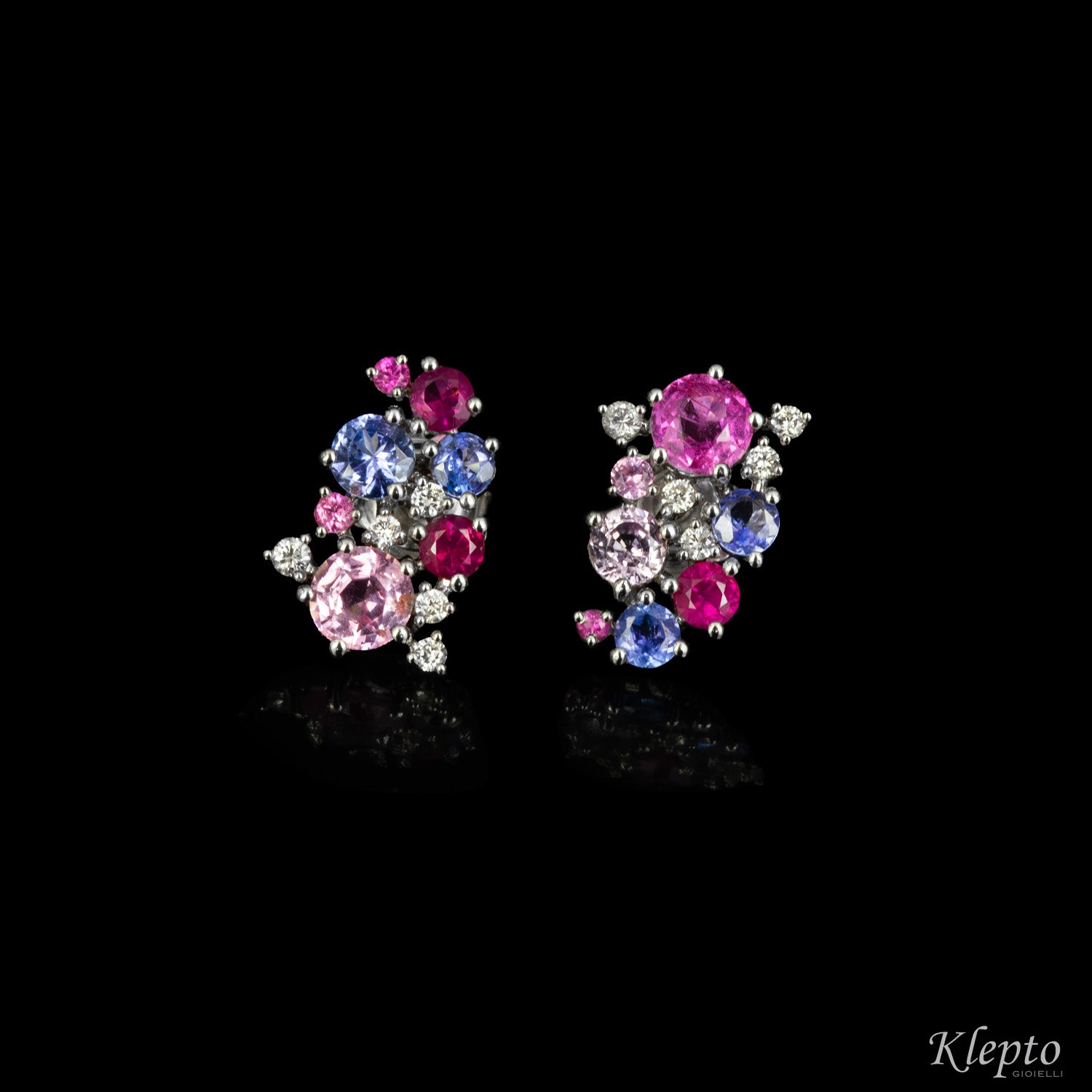 White gold lobe earrings with Sapphires, Rubies, Tanzanites and Diamonds