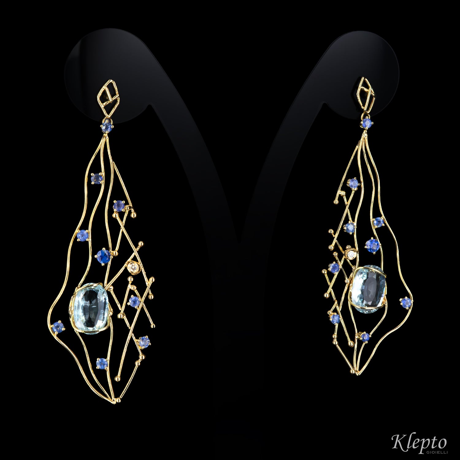 Yellow gold earrings with Aquamarine, Sapphires, and Diamonds