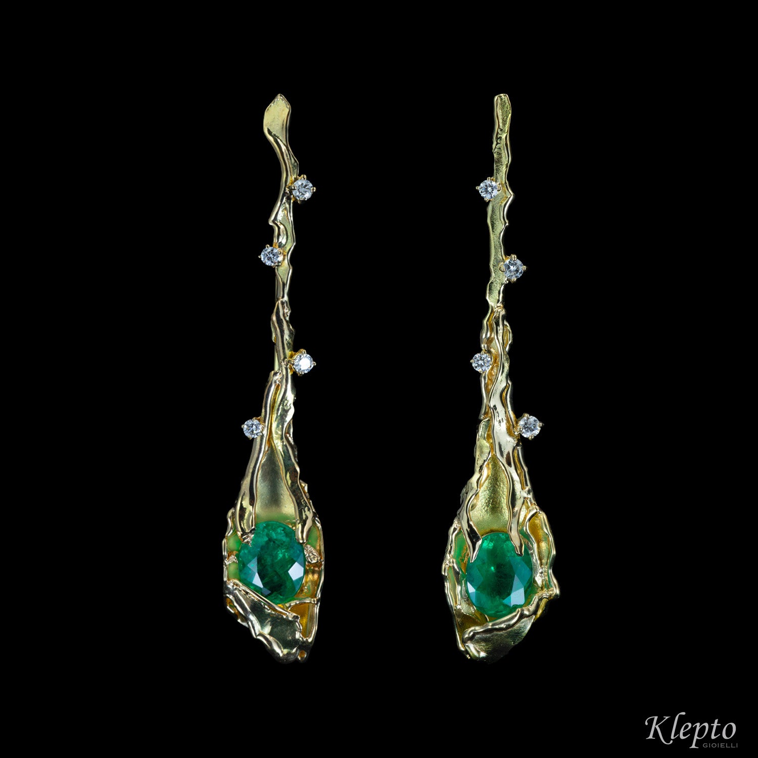 Flame-fused yellow gold earrings with Emeralds and Diamonds