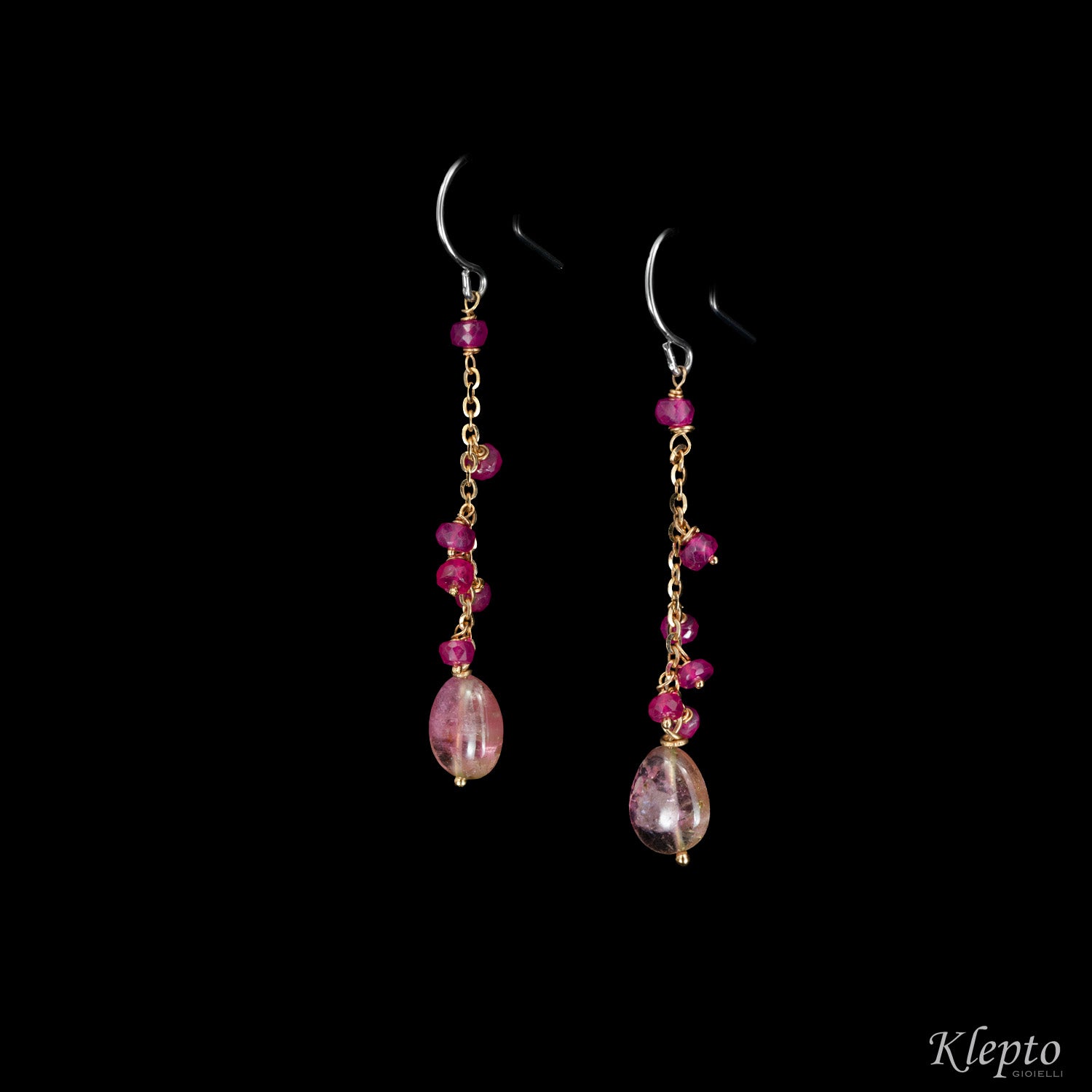 Rose and white gold pendant earrings with Tourmalines and Rubies