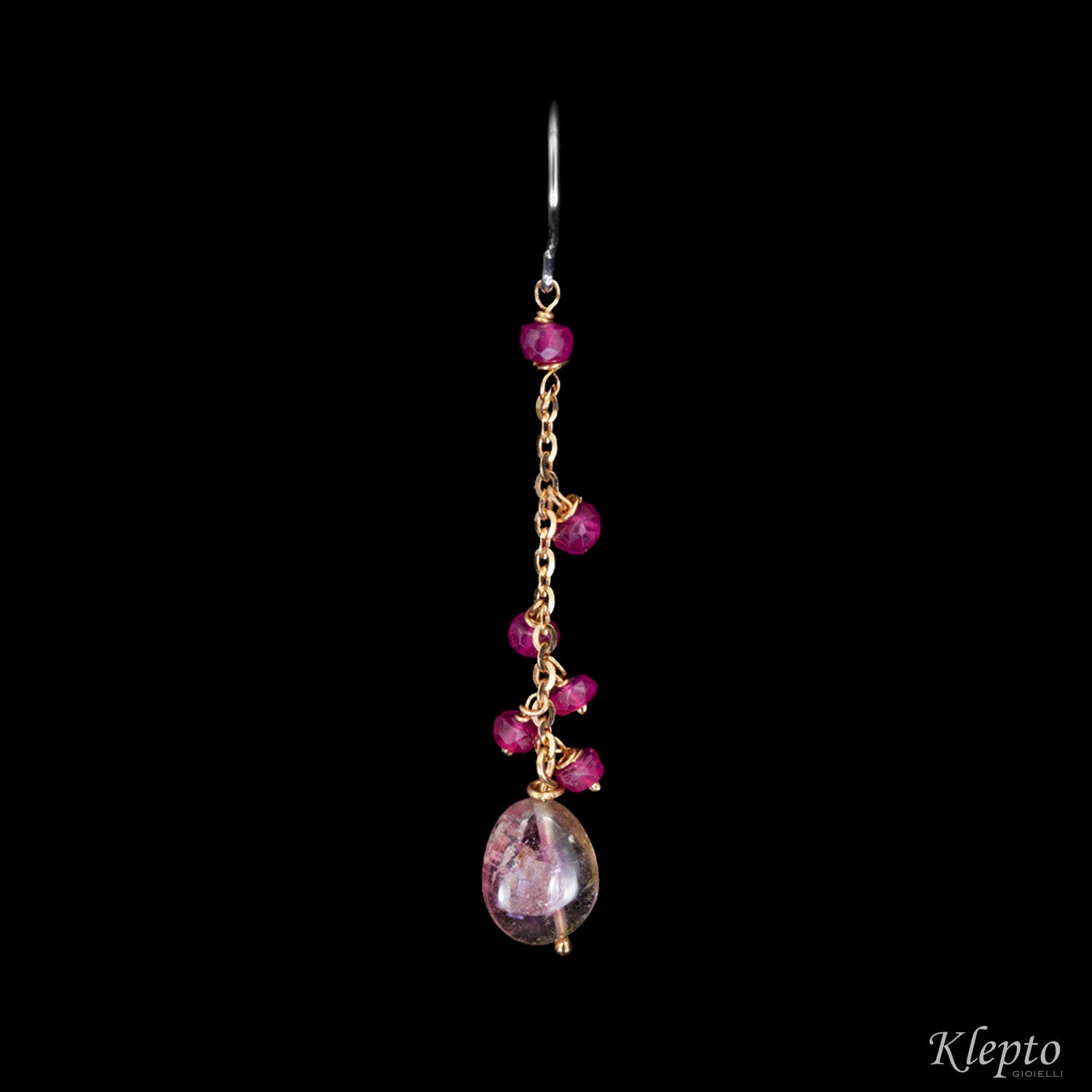 Rose and white gold pendant earrings with Tourmalines and Rubies