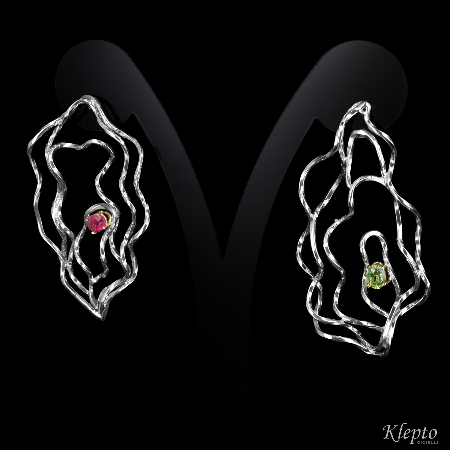 Silver Silnova® earrings with red tourmaline, demantoid, and yellow gold details.