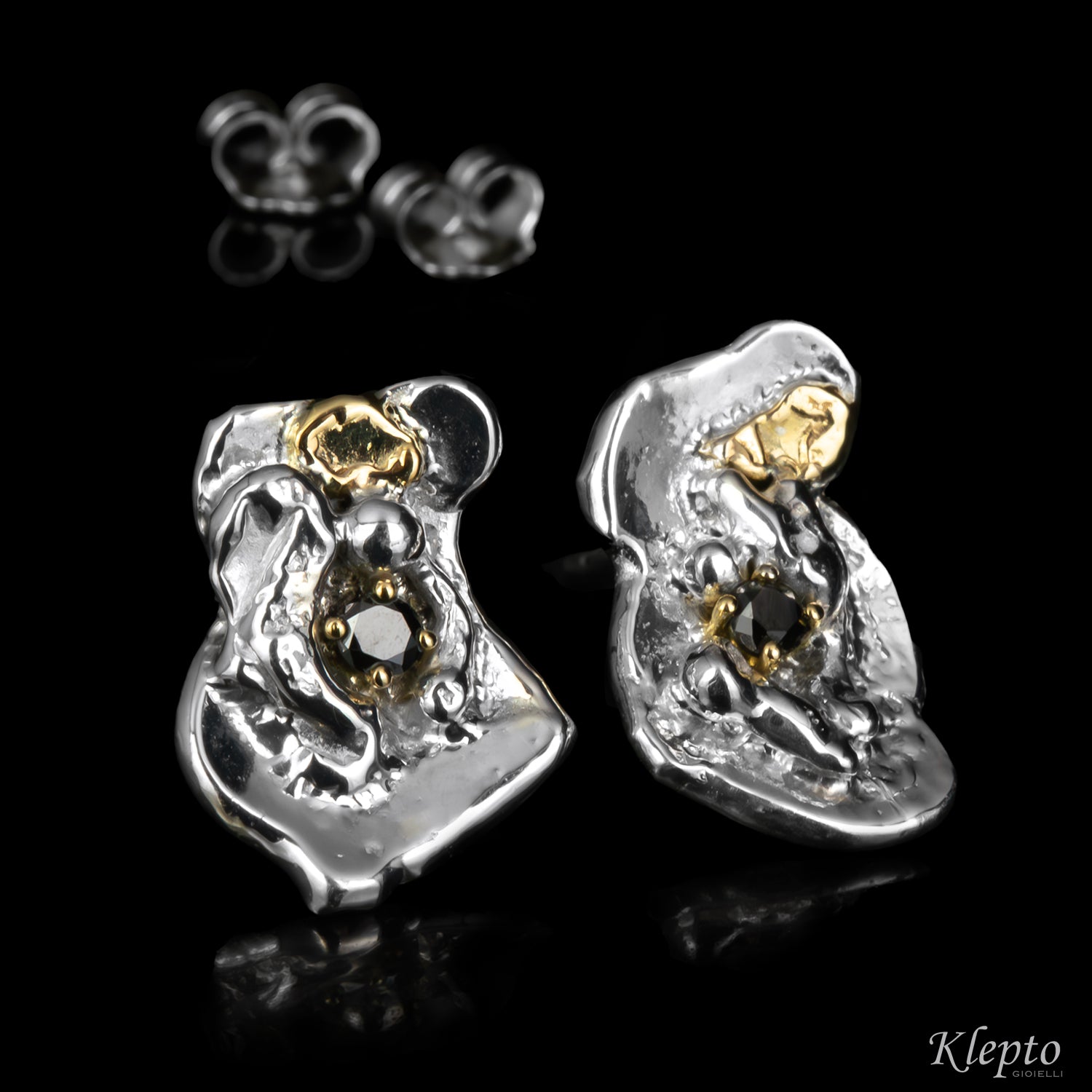 Silver Silnova® Earrings with Black Diamonds and Yellow Gold Details