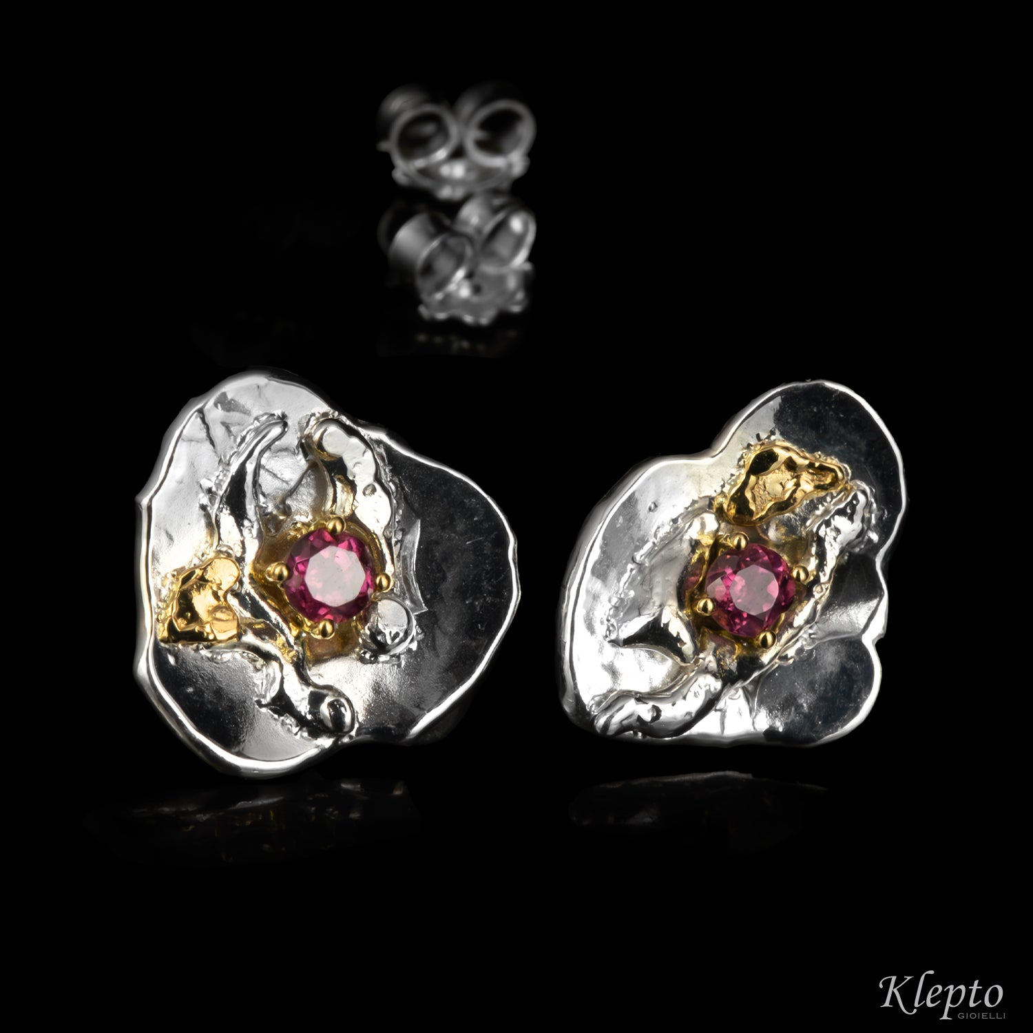 Silver Silnova® Earrings with Rhodolites and Yellow Gold Details