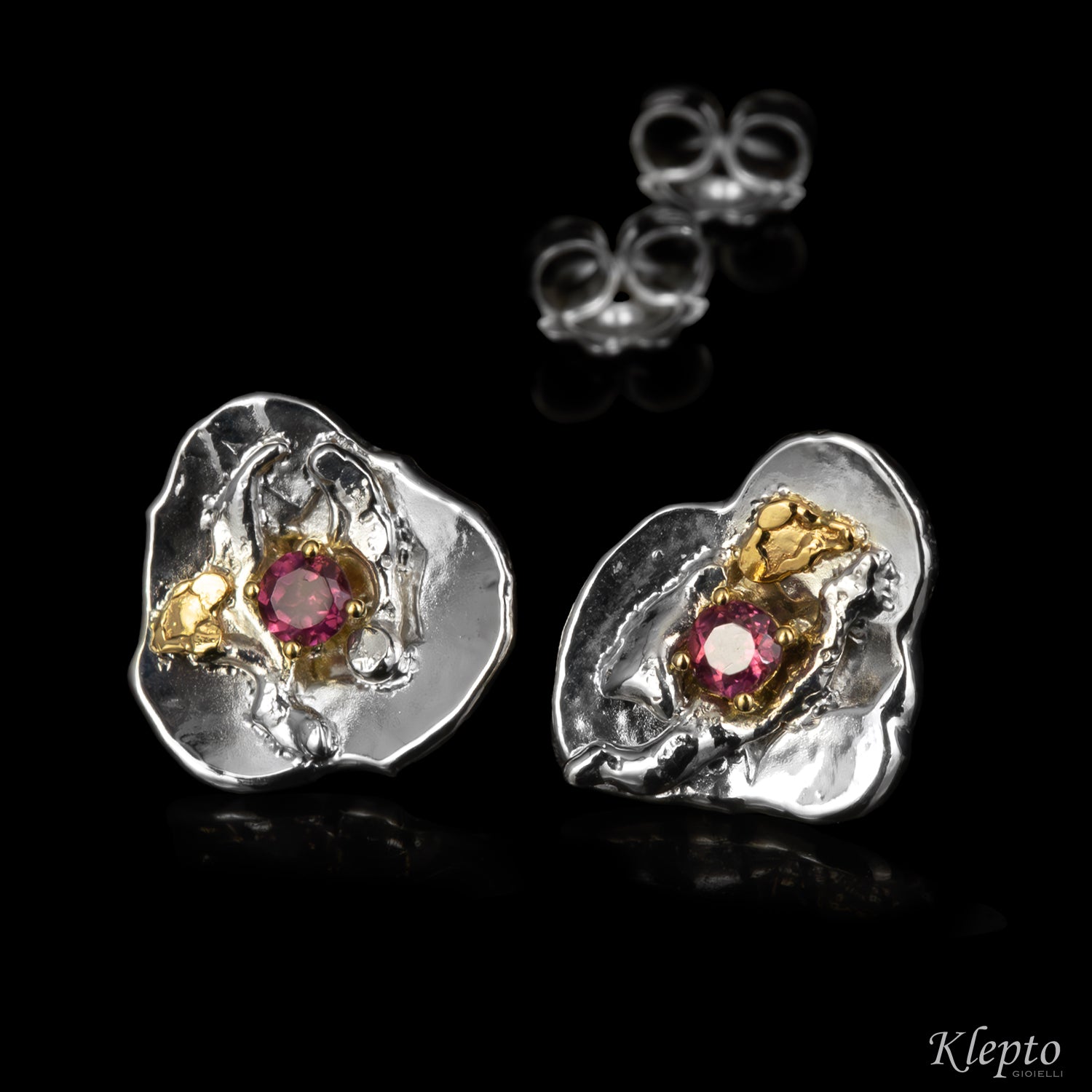 Silver Silnova® Earrings with Rhodolites and Yellow Gold Details