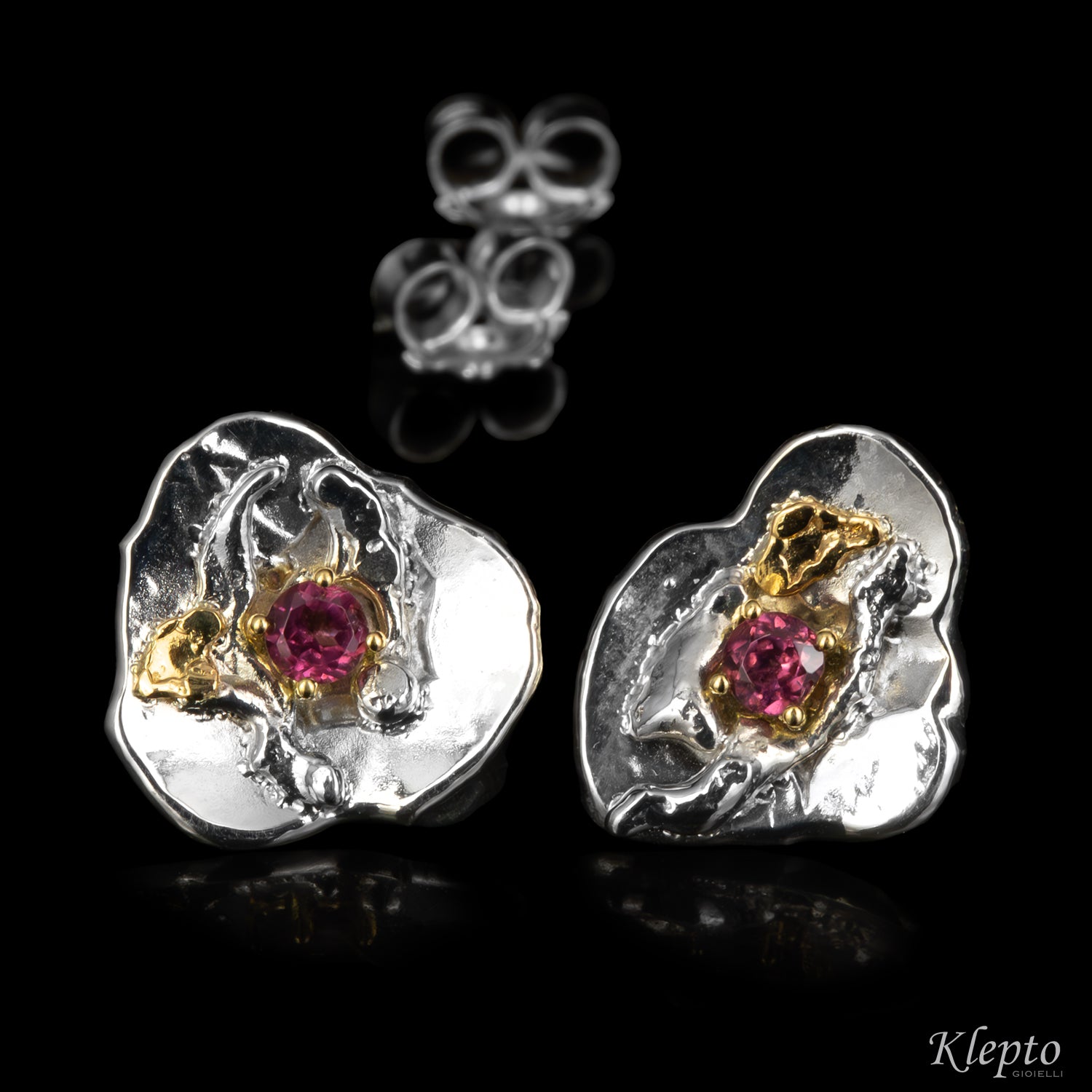 Silver Silnova® Earrings with Rhodolites and Yellow Gold Details