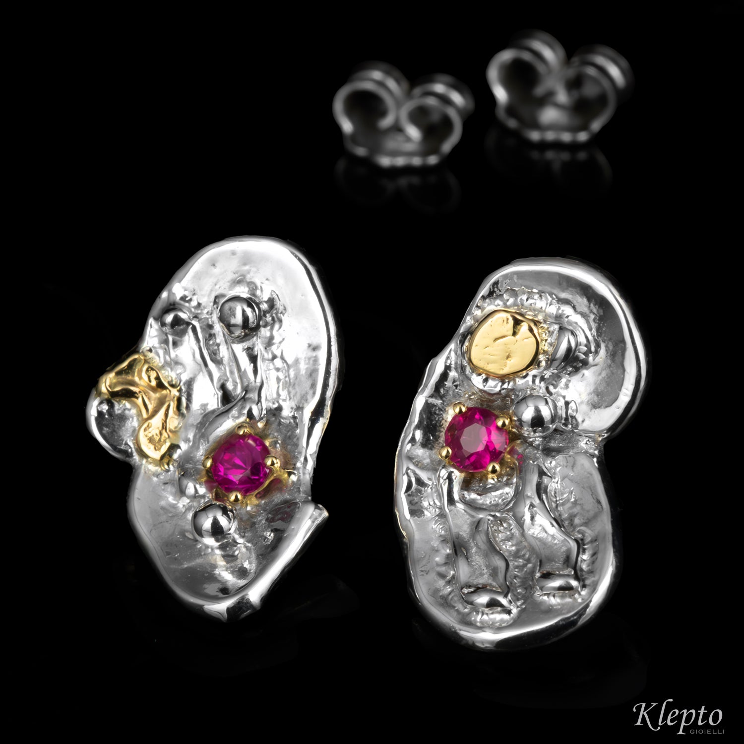 Silver Silnova® Earrings with Rubies and Yellow Gold Details
