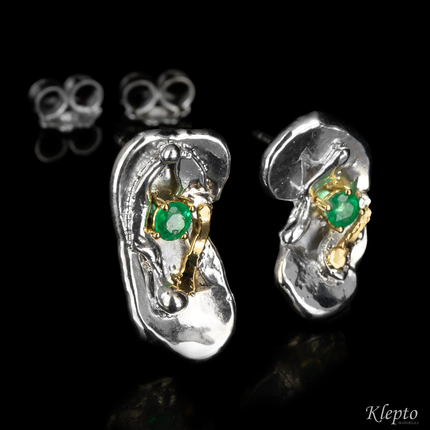 Silver Silnova® Earrings with Emeralds and Yellow Gold Details