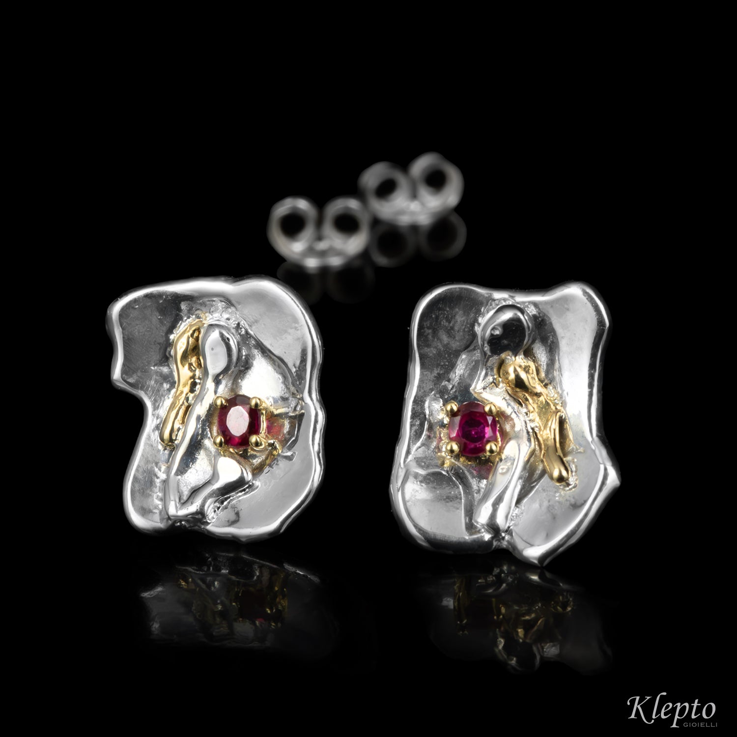 Silver Silnova® Earrings with Rubies and yellow gold details