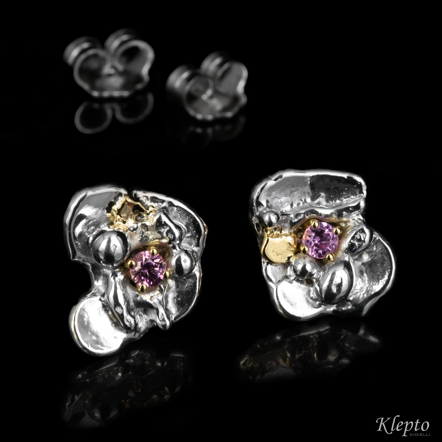 Silver Silnova® Earrings with Pink Sapphires and Yellow Gold Details