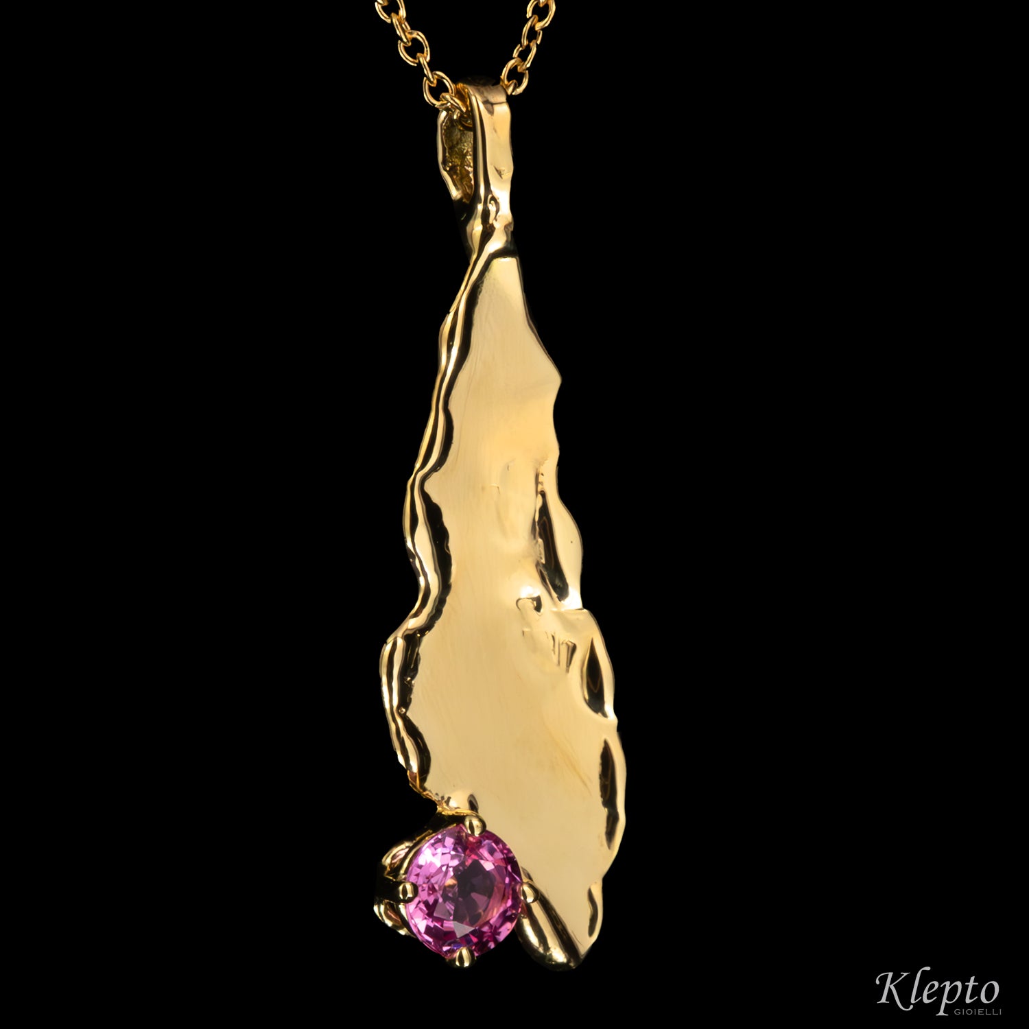Yellow gold pendant "Isola" flame-fused with pink sapphire