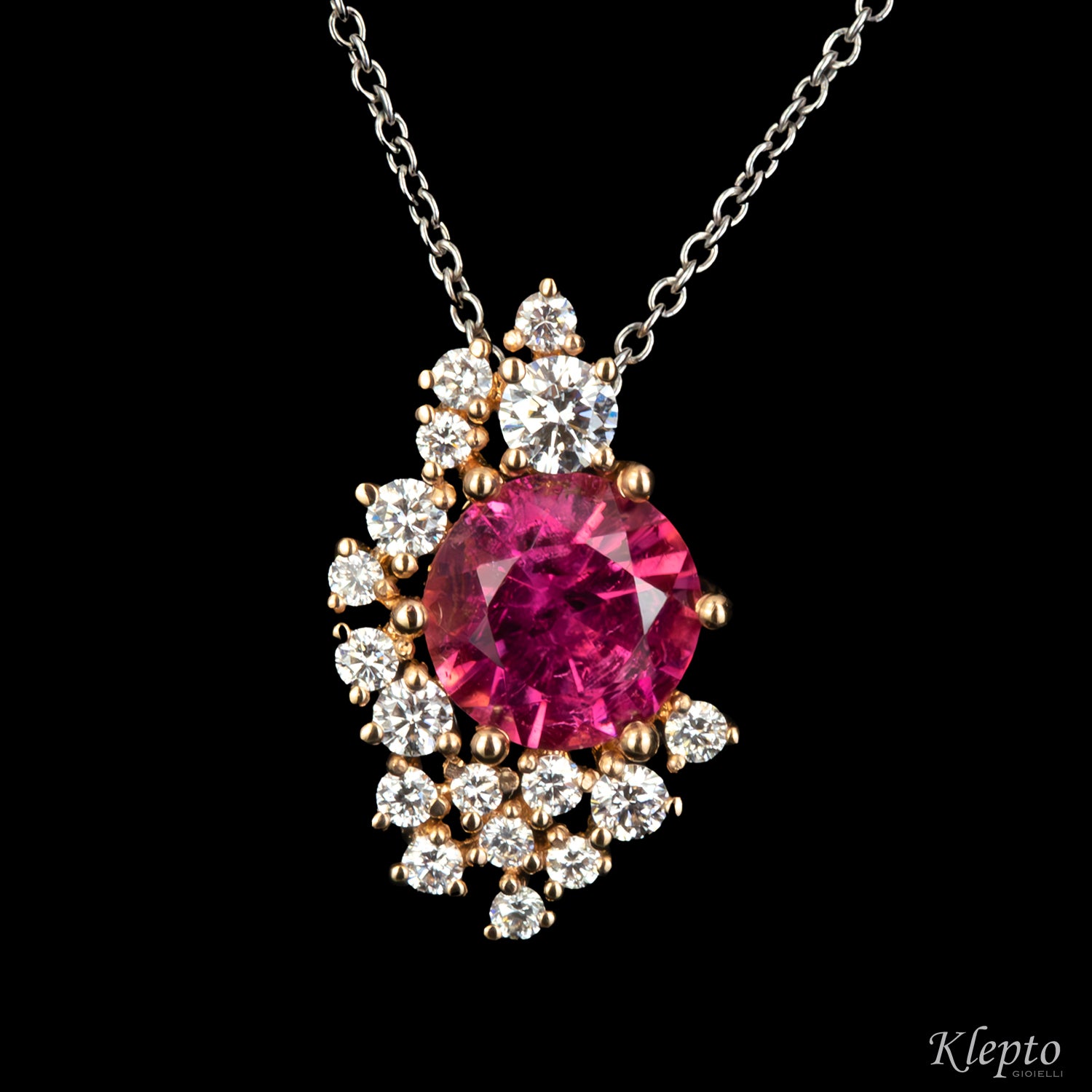 White and rose gold pendant with pink tourmaline and diamonds