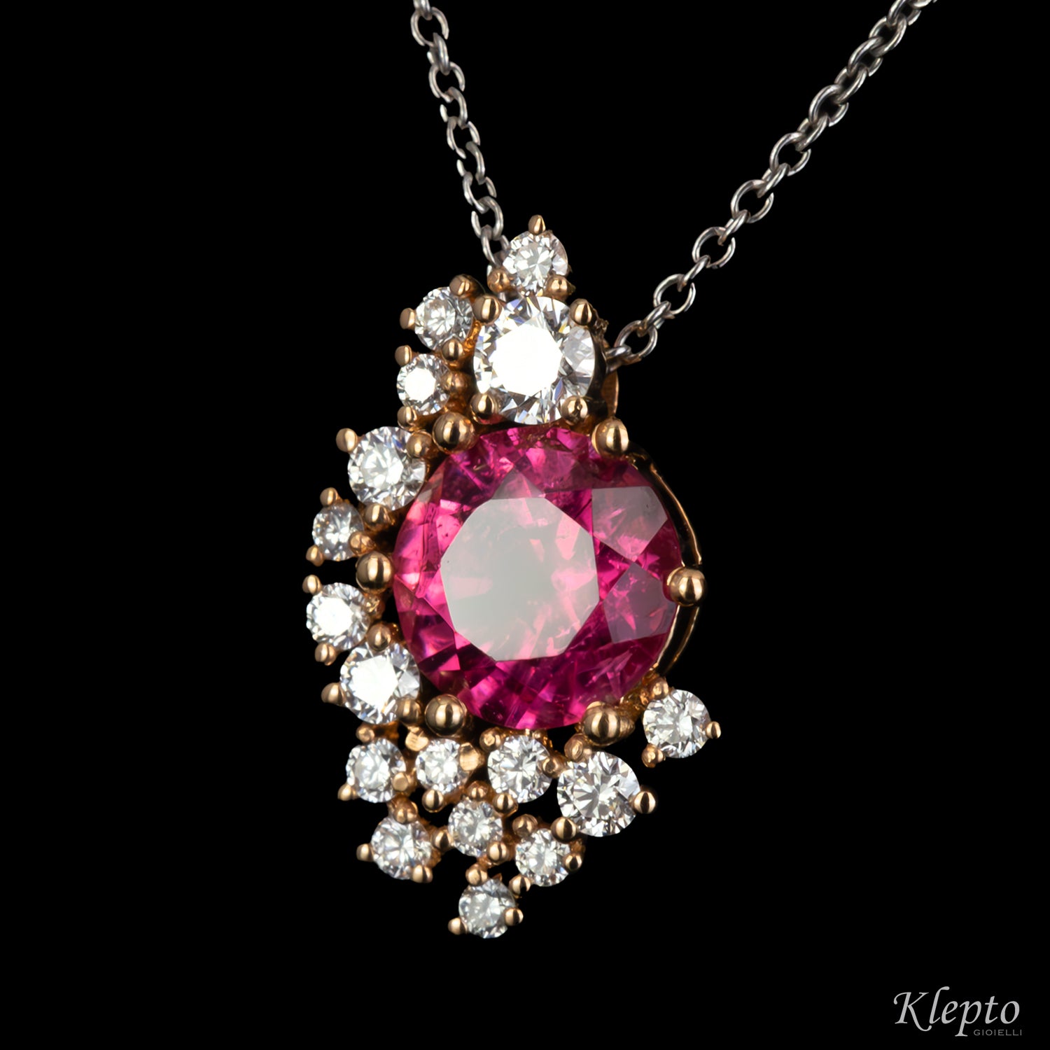 White and rose gold pendant with pink tourmaline and diamonds