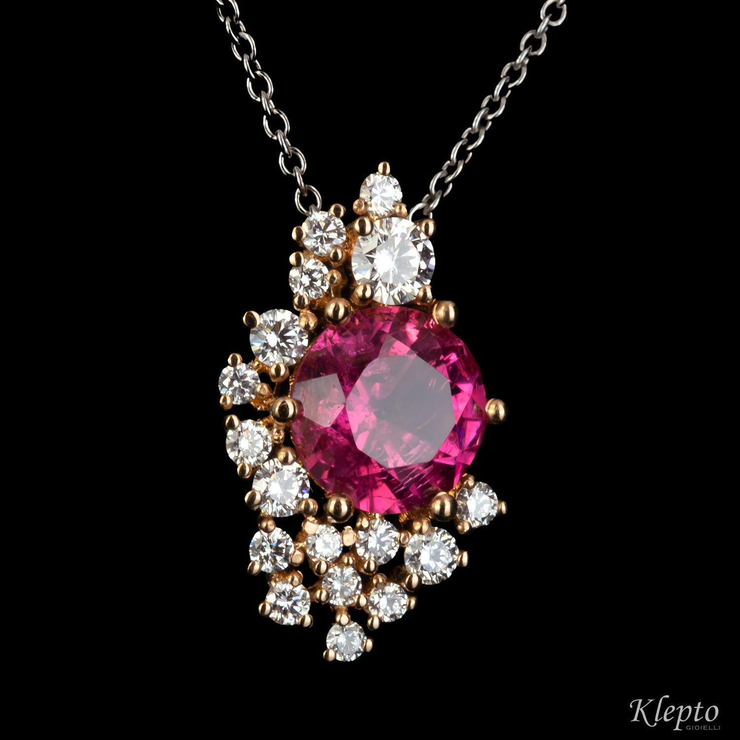 White and rose gold pendant with pink tourmaline and diamonds