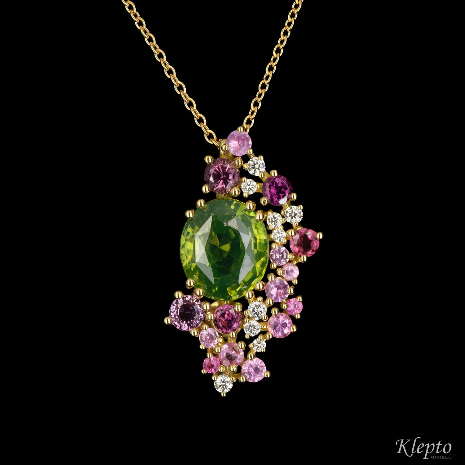 Yellow gold pendant with natural green Zircon, Rhodolites, Sapphires and Diamonds