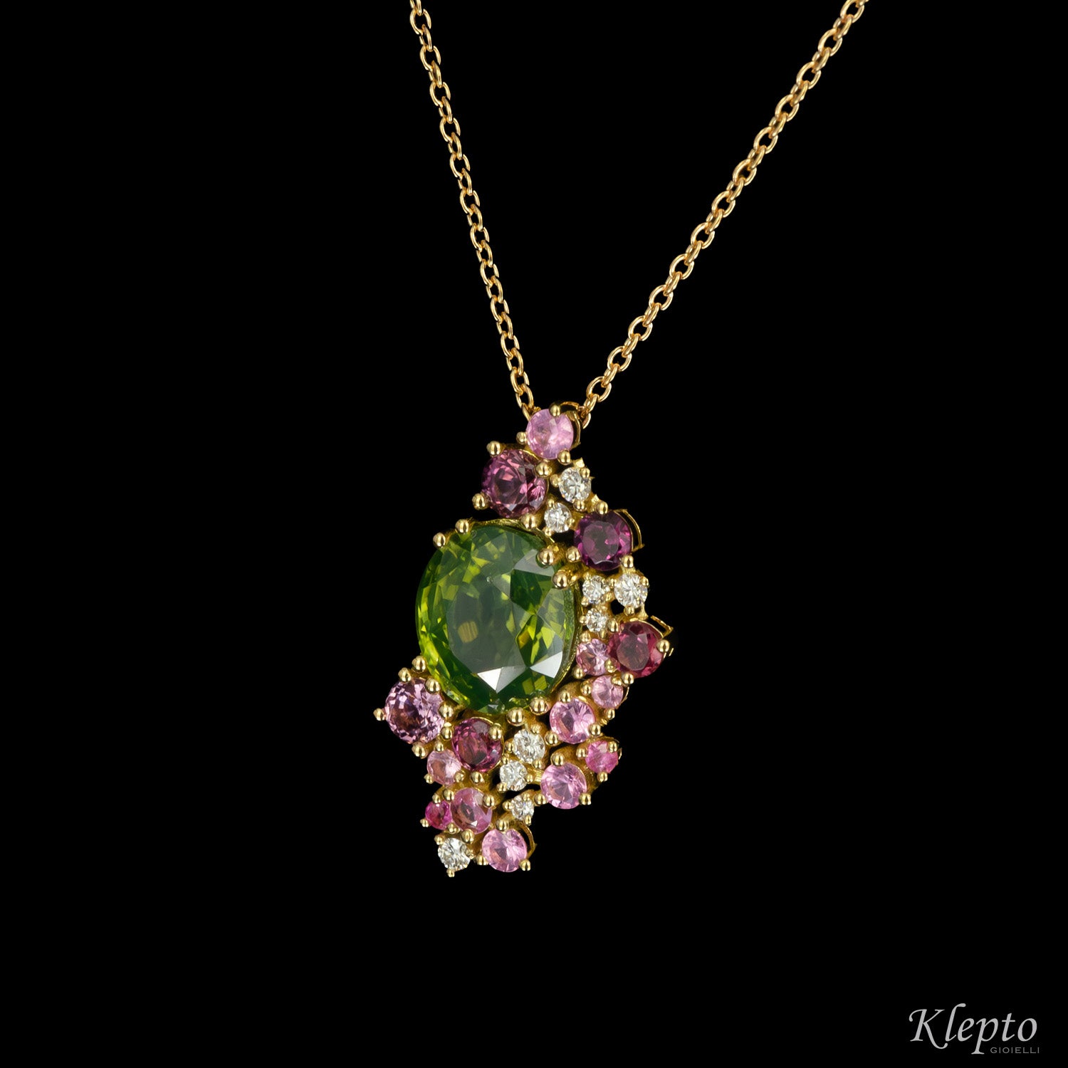 Yellow gold pendant with natural green Zircon, Rhodolites, Sapphires and Diamonds