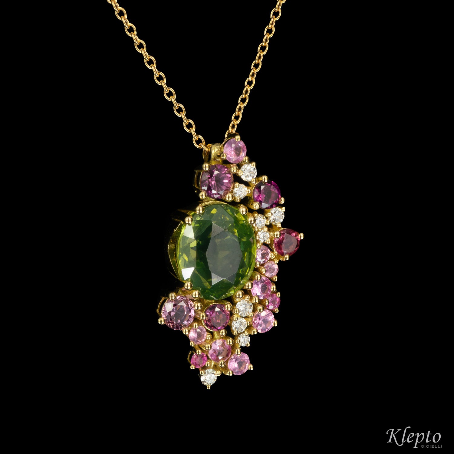 Yellow gold pendant with natural green Zircon, Rhodolites, Sapphires and Diamonds