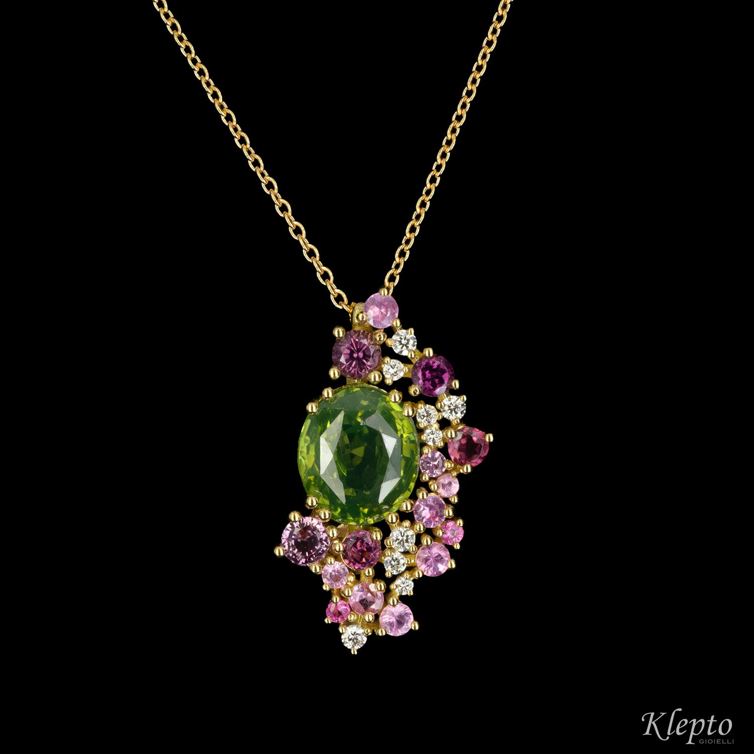 Yellow gold pendant with natural green Zircon, Rhodolites, Sapphires and Diamonds