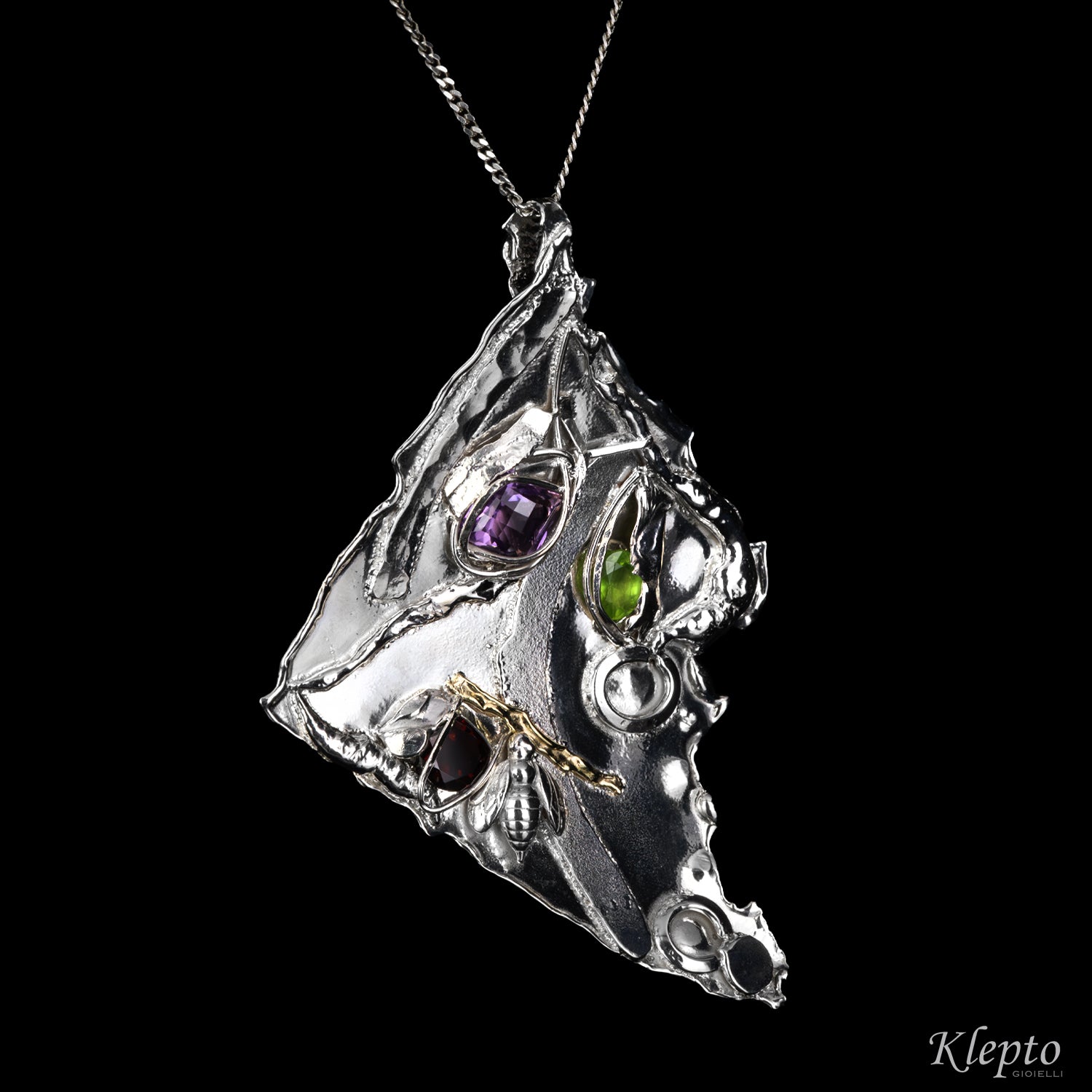 Silver Silnova® Pendant with Amethyst, Garnet, Peridot and yellow gold detail