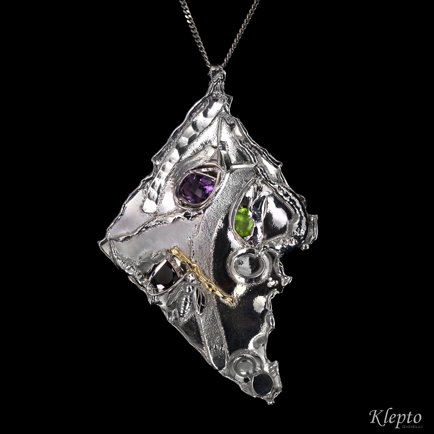 Silver Silnova® Pendant with Amethyst, Garnet, Peridot and yellow gold detail