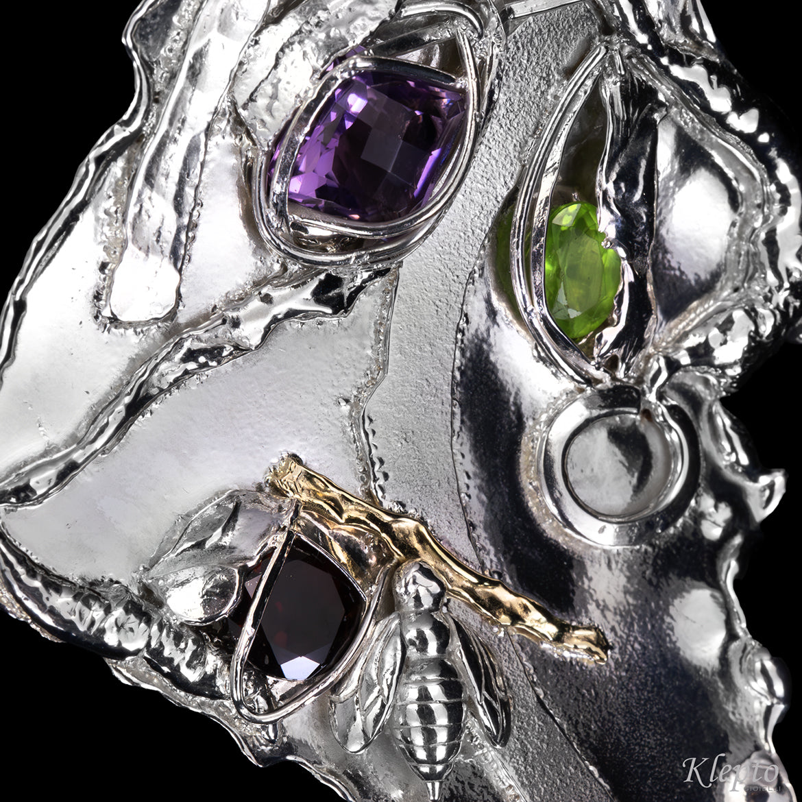 Silver Silnova® Pendant with Amethyst, Garnet, Peridot and yellow gold detail