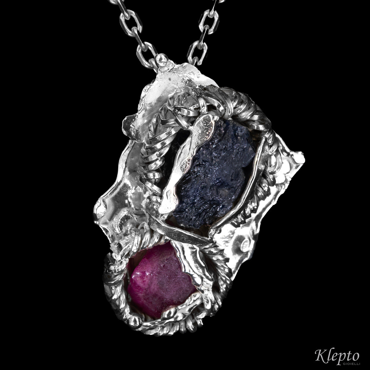 Silnova® Silver Pendant with Raw Sapphire and Ruby