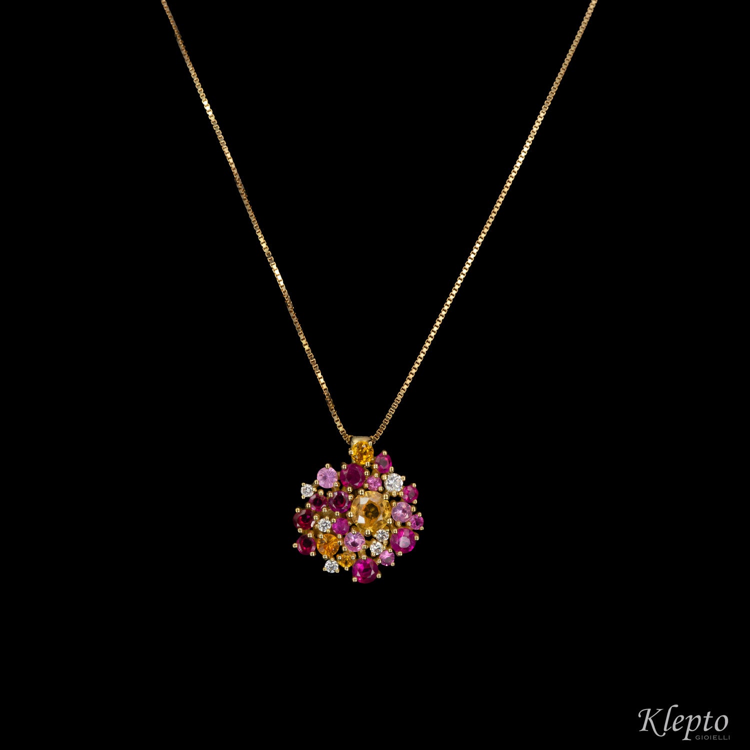 Yellow gold pendant with pink and yellow Sapphires, Rubies and Diamonds