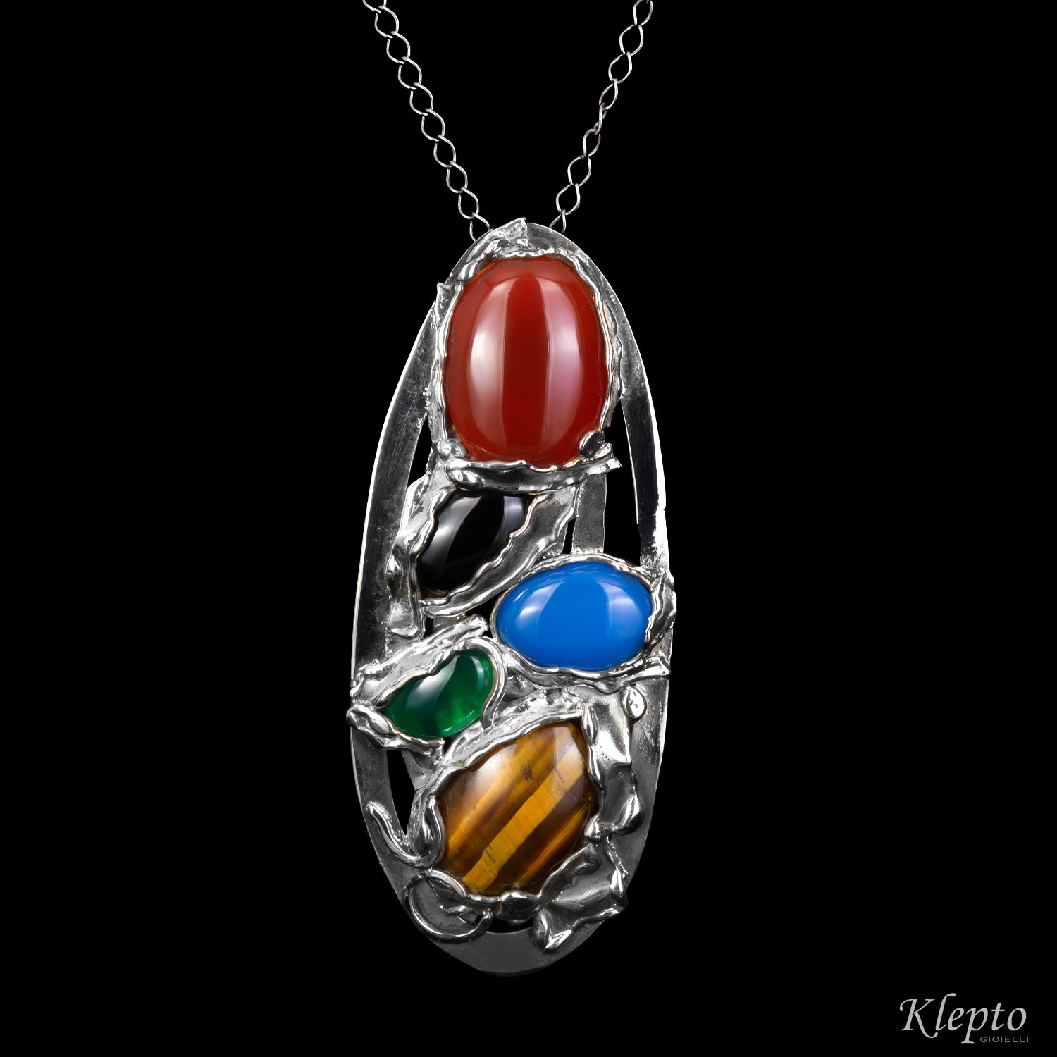 Silver Silnova® Pendant with Agate, Onyx, and Tiger's Eye