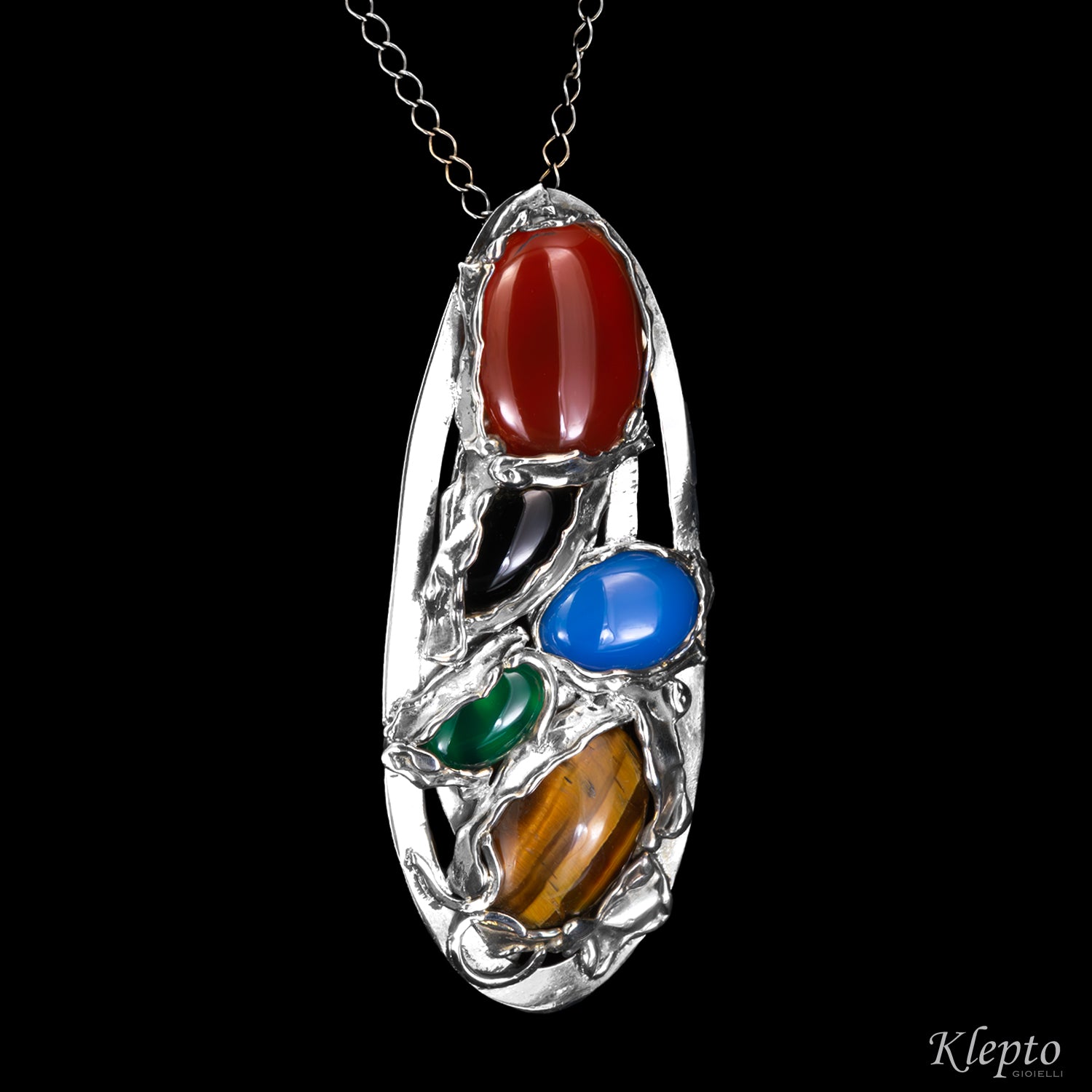 Silver Silnova® Pendant with Agate, Onyx, and Tiger's Eye