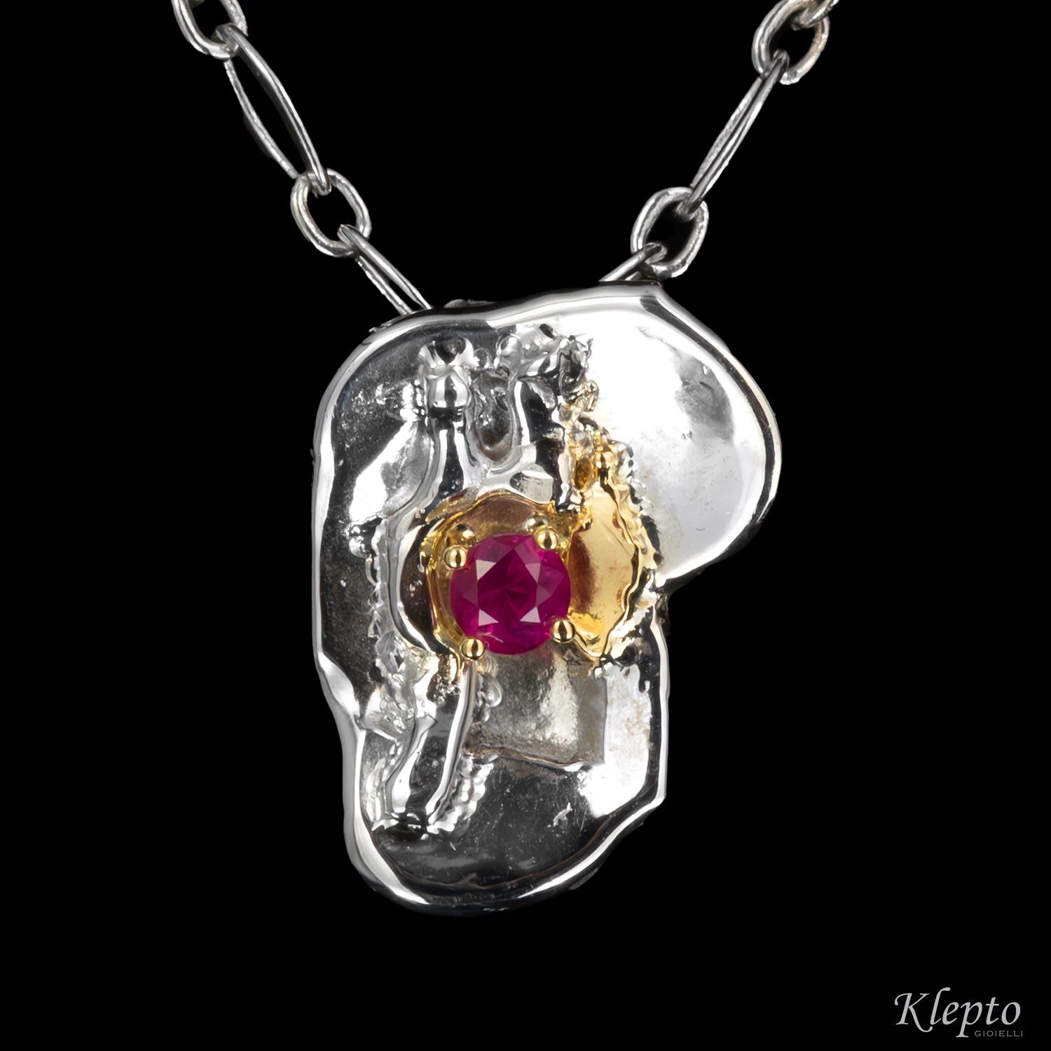 Silver Pendant Silnova® with Ruby and Yellow Gold Details