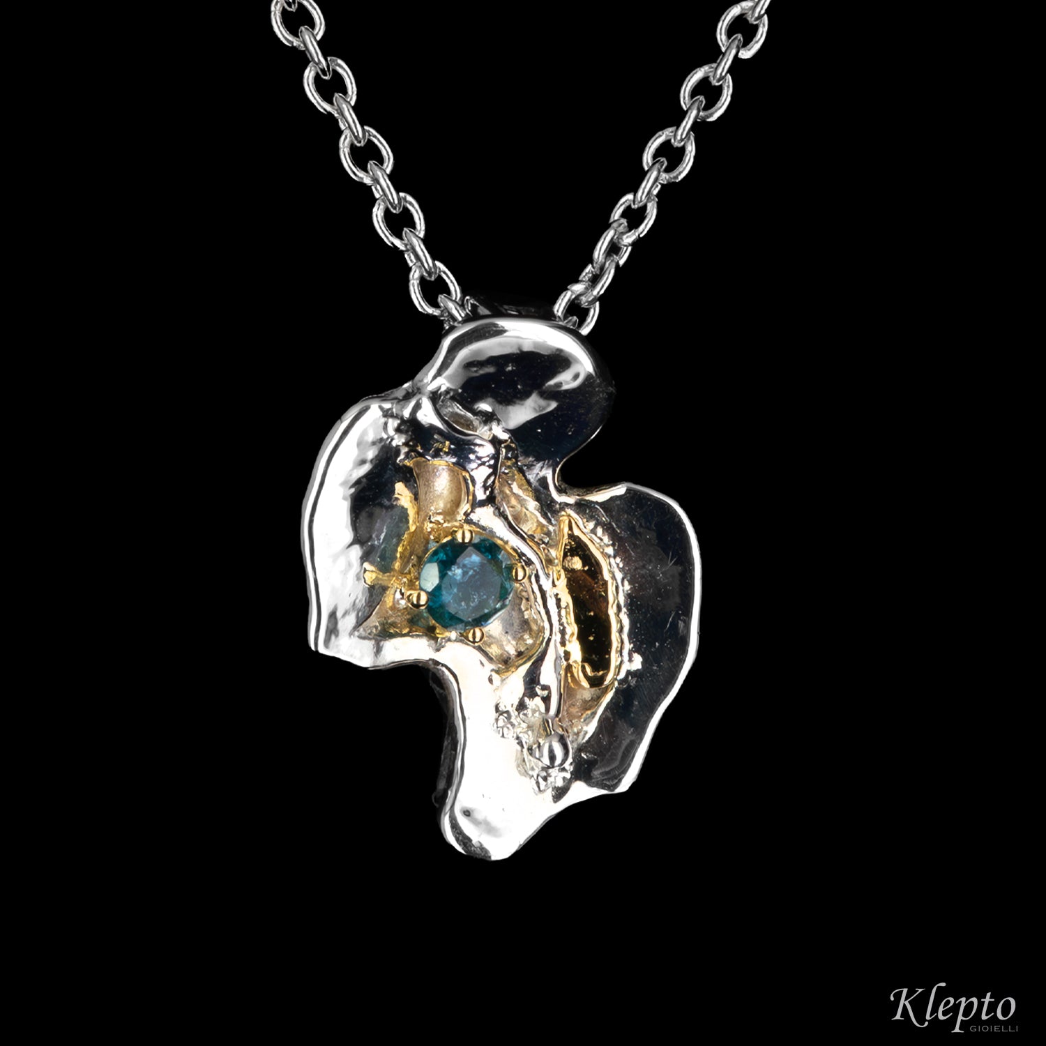 Silver Pendant Silnova® with teal Tourmaline and yellow gold details