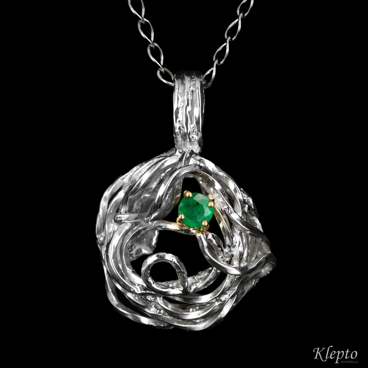 Silver Pendant Silnova® with Emerald and yellow gold details