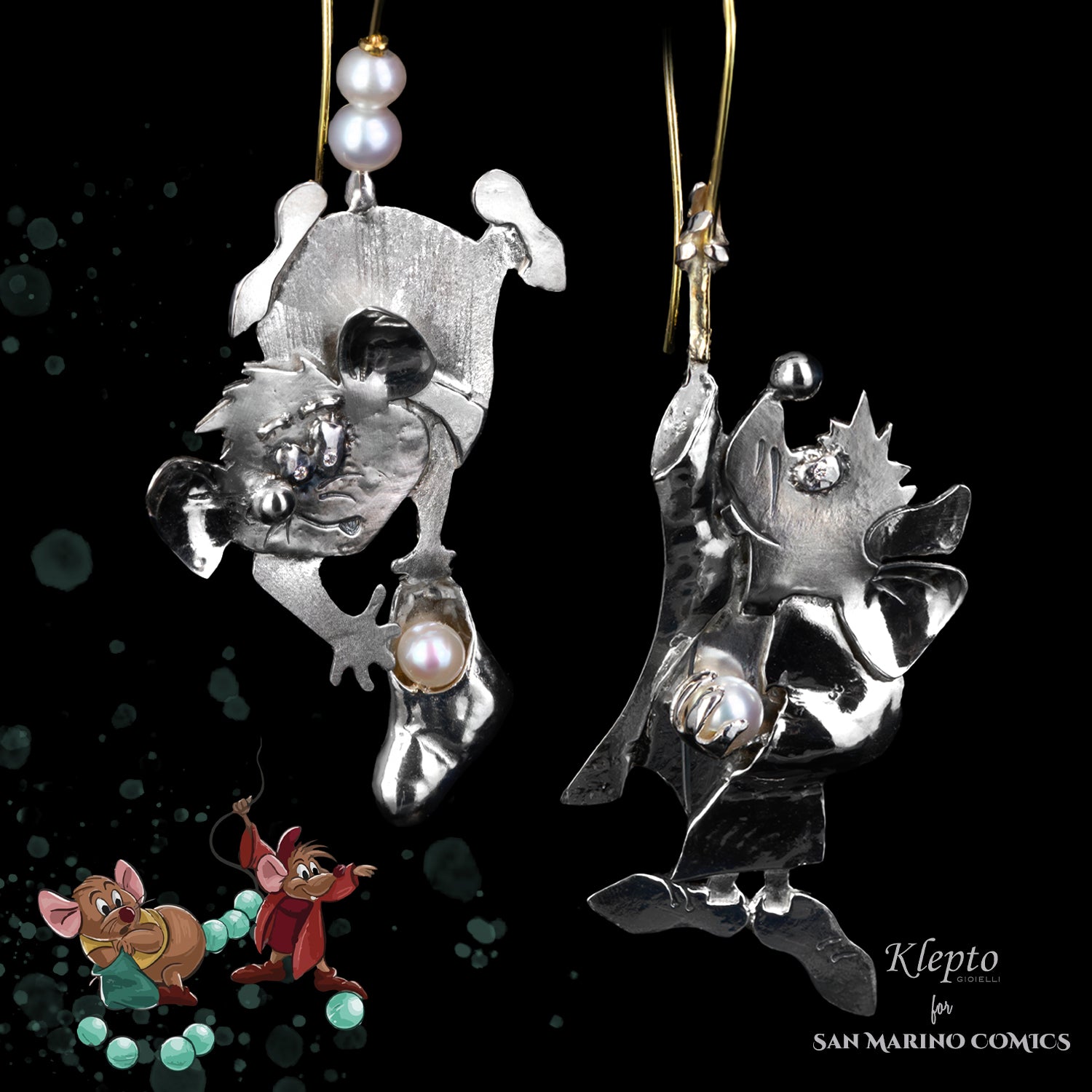 Silnova Silver Earrings "Gas e Giac" with Diamonds, Lake Pearls and Yellow Gold Details