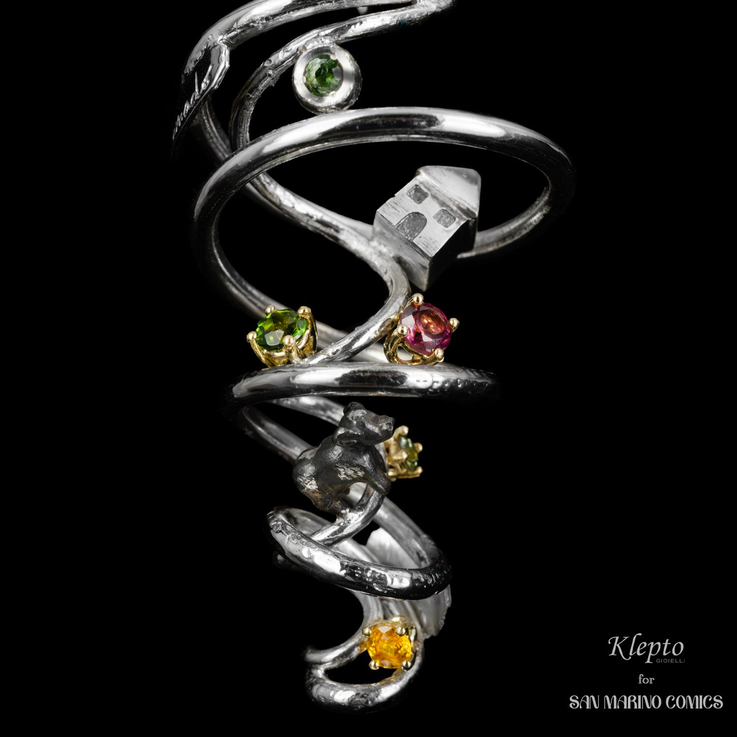 Silnova "Il Tornado" Silver Earring with Rhodolite, Sapphires and Tourmalines