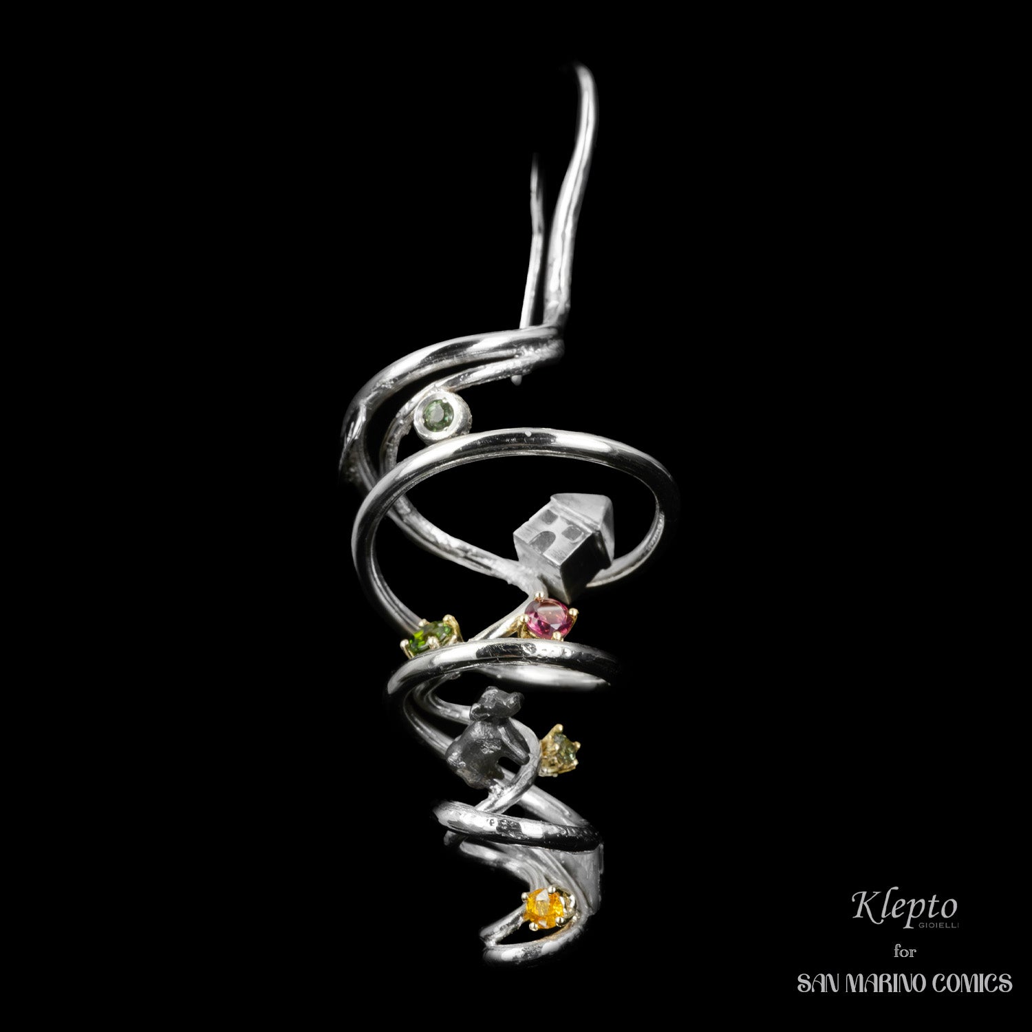 Silnova "Il Tornado" Silver Earring with Rhodolite, Sapphires and Tourmalines