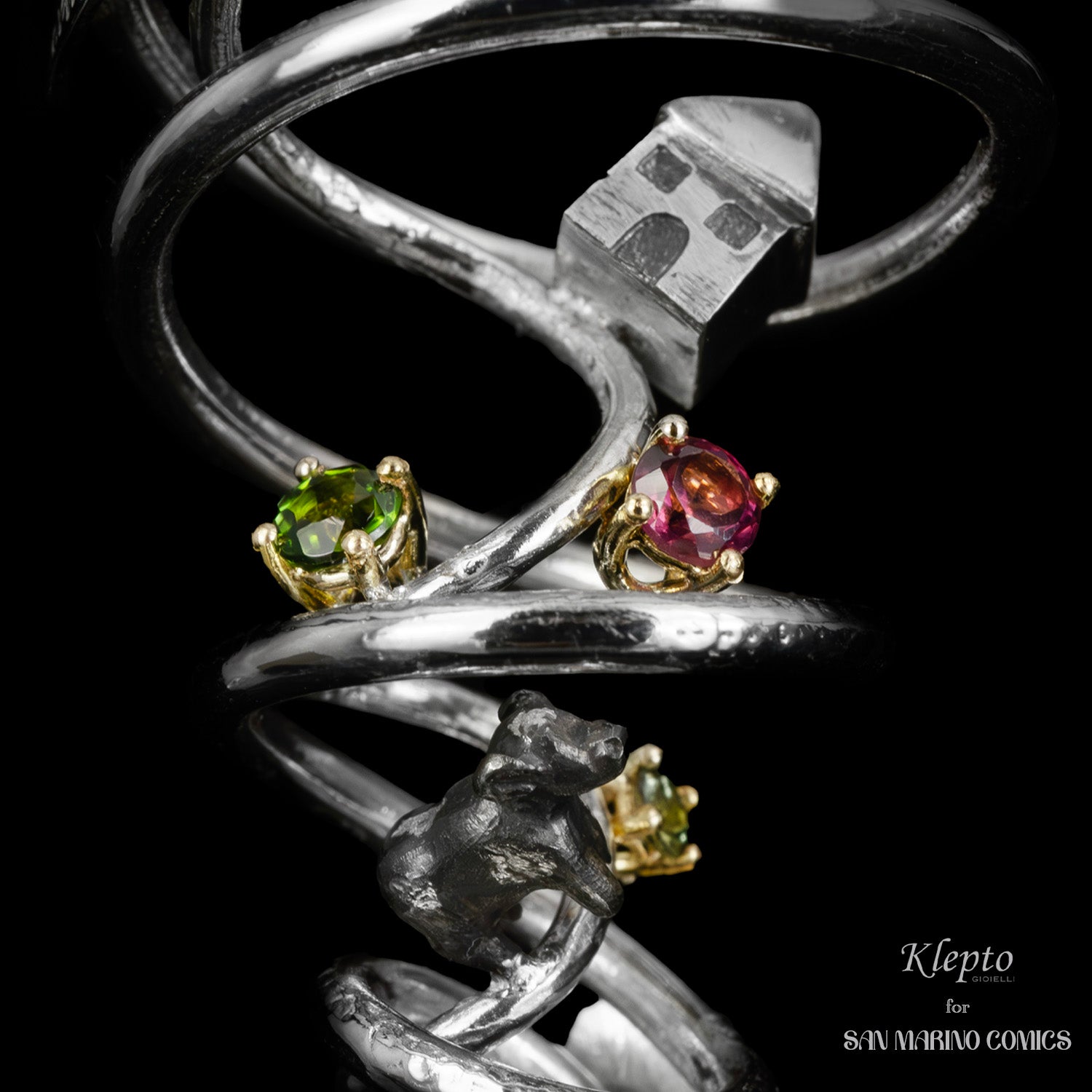 Silnova "Il Tornado" Silver Earring with Rhodolite, Sapphires and Tourmalines