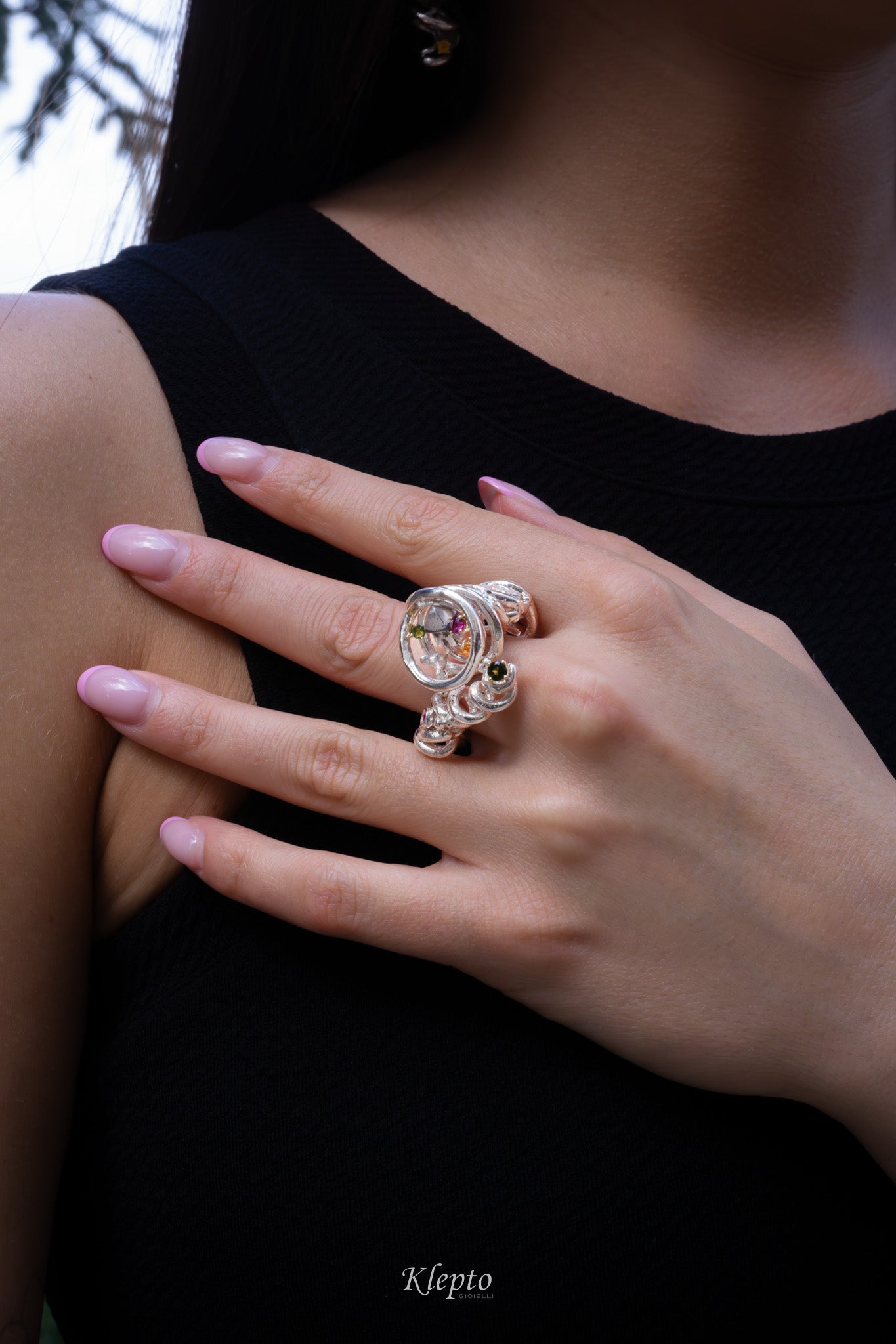 Silnova "L'Uragano" Silver Ring with Rhodolite, Sapphires, Tourmaline and Ruby